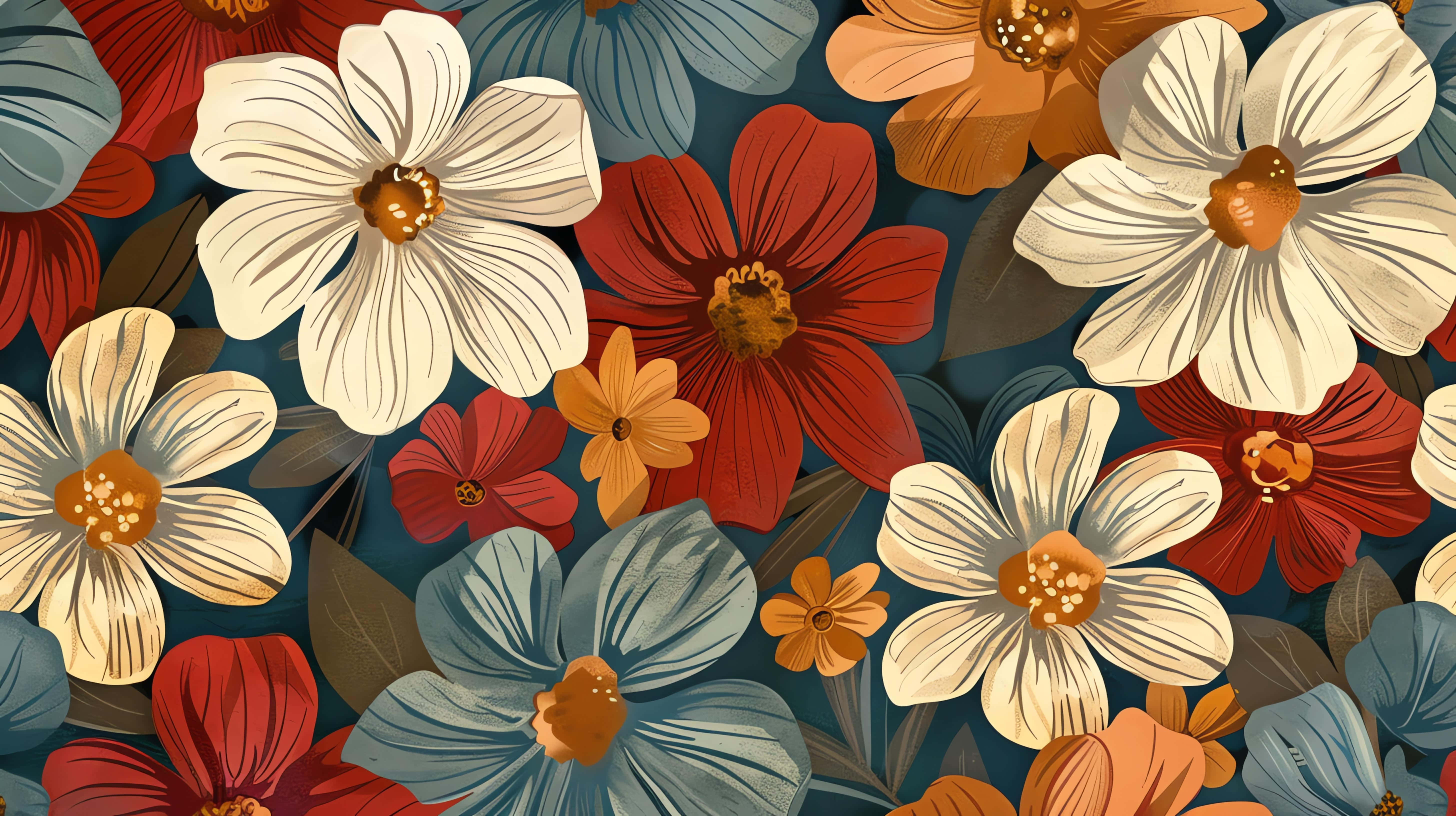 vintage floral pattern, red white and blue flowers, orange centers, 5K Desktop Wallpaper