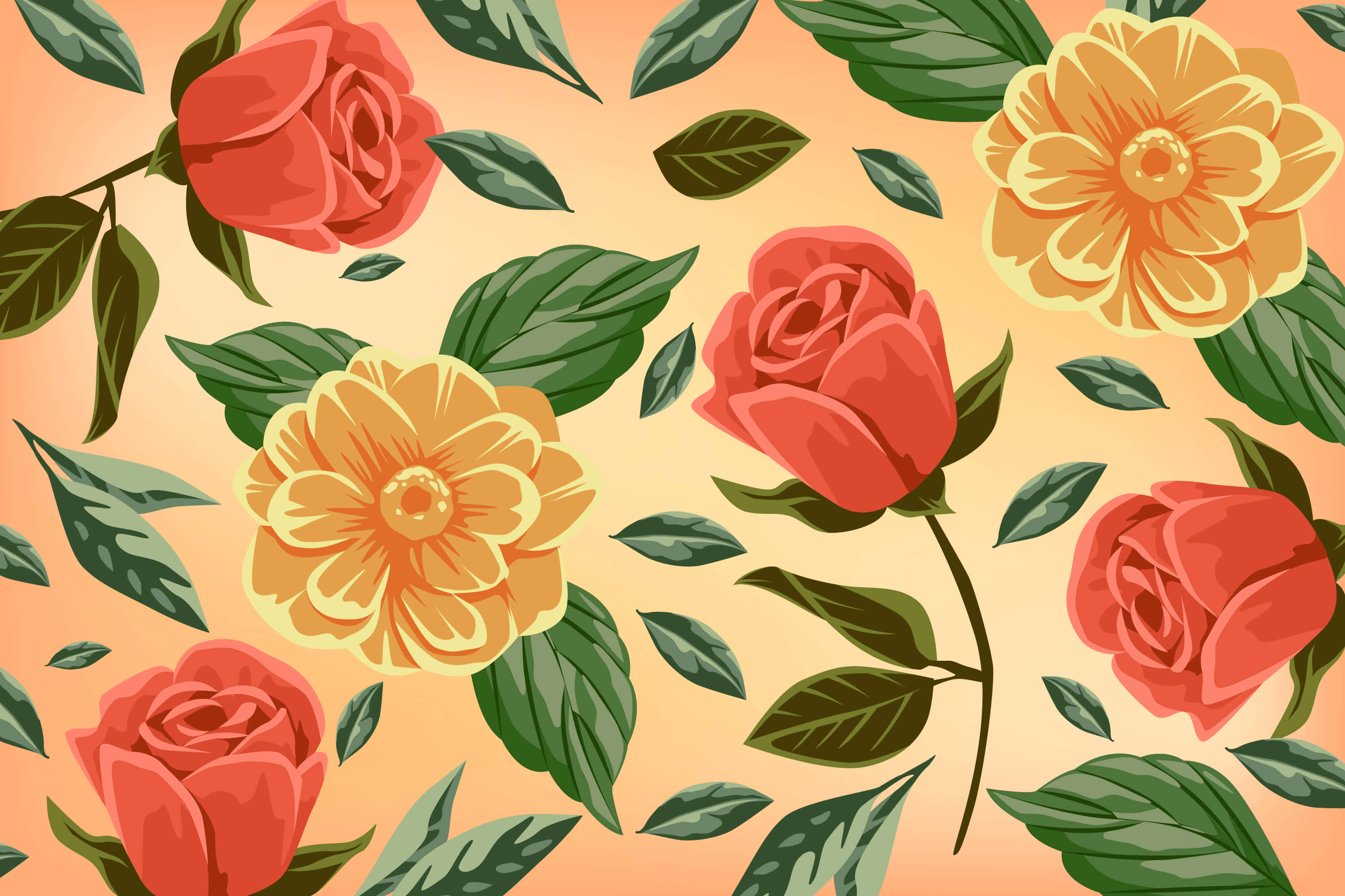 retro floral pattern, red flowers, yellow flowers, 2K Desktop Wallpaper
