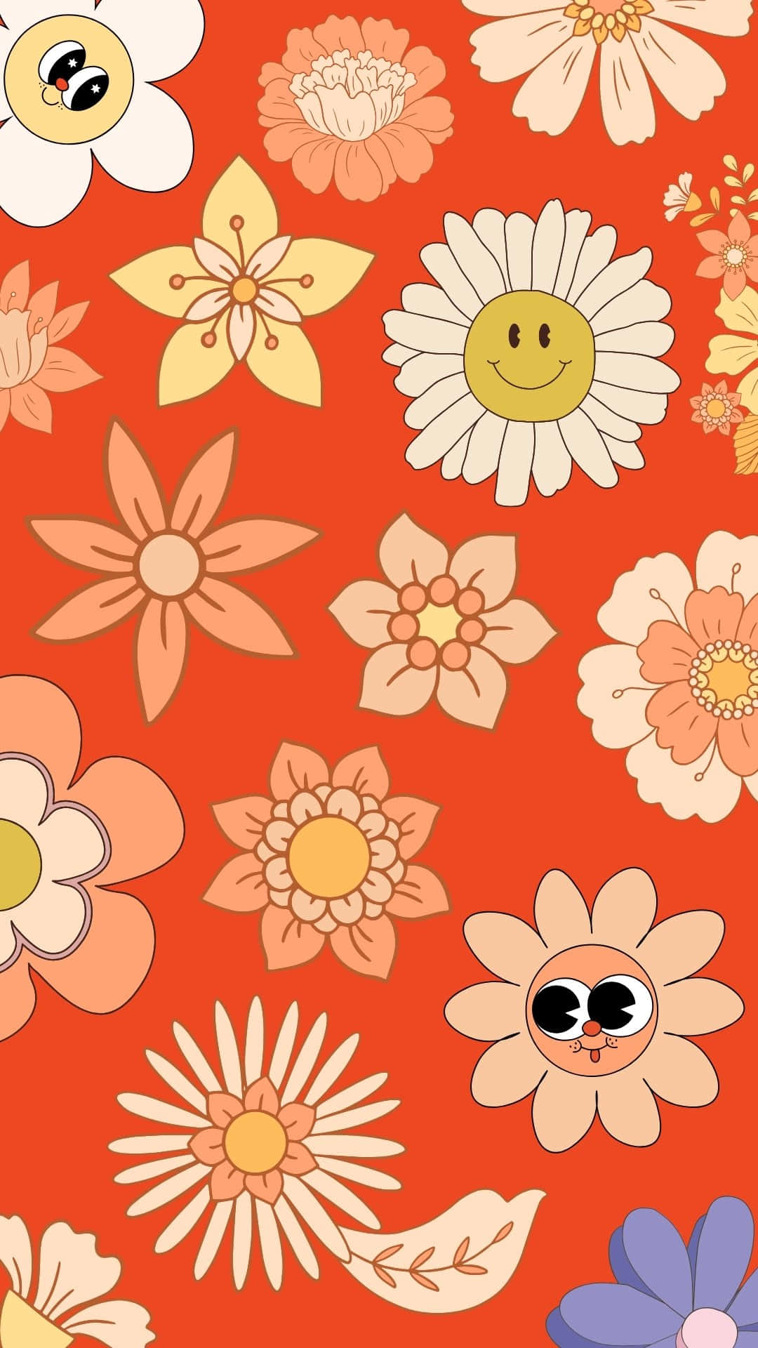 retro smiling flowers pattern, smiling daisies, cartoon faces, Full HD Phone Wallpaper