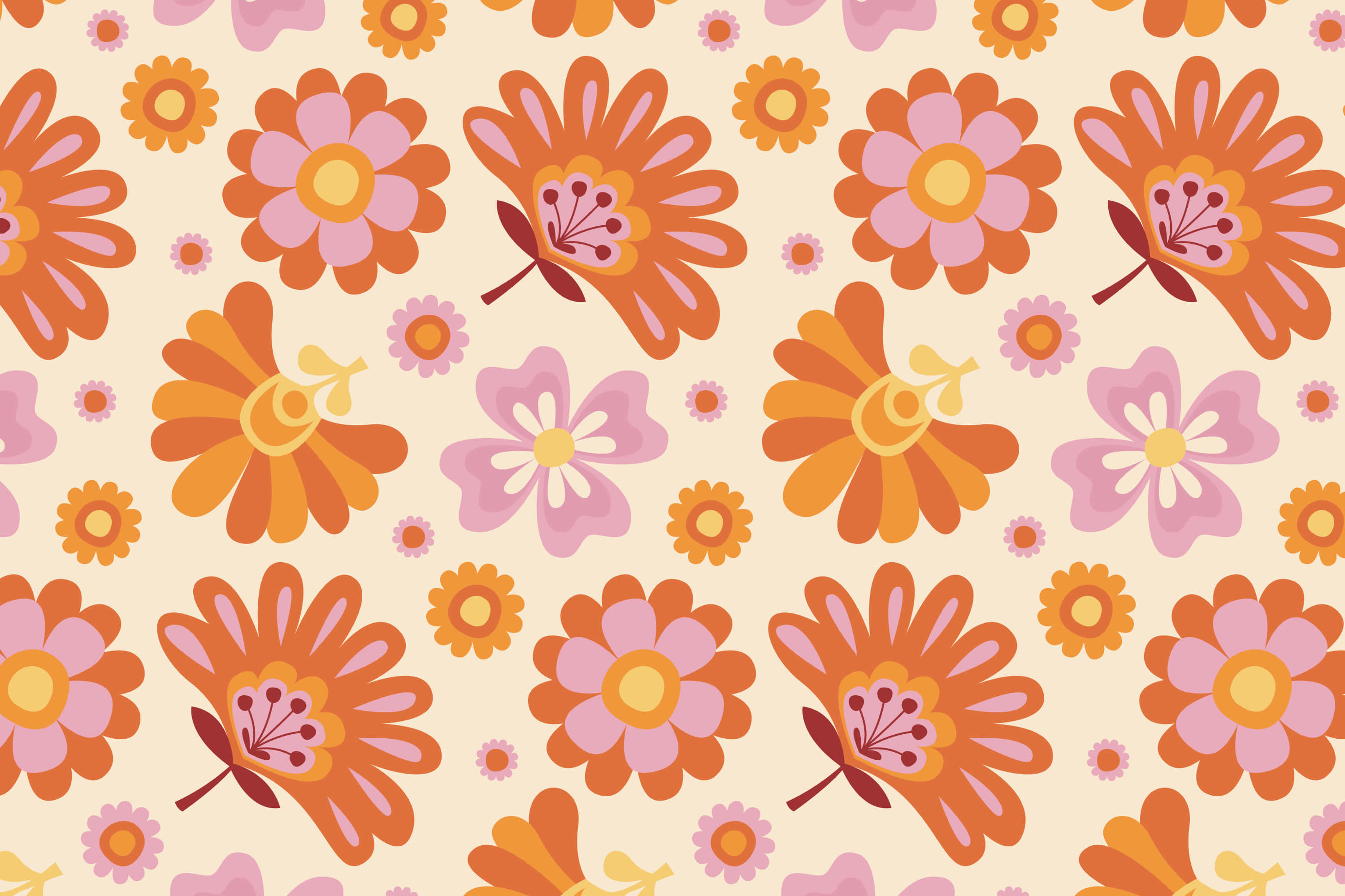 retro floral pattern, orange, pink, 2K Desktop Wallpaper