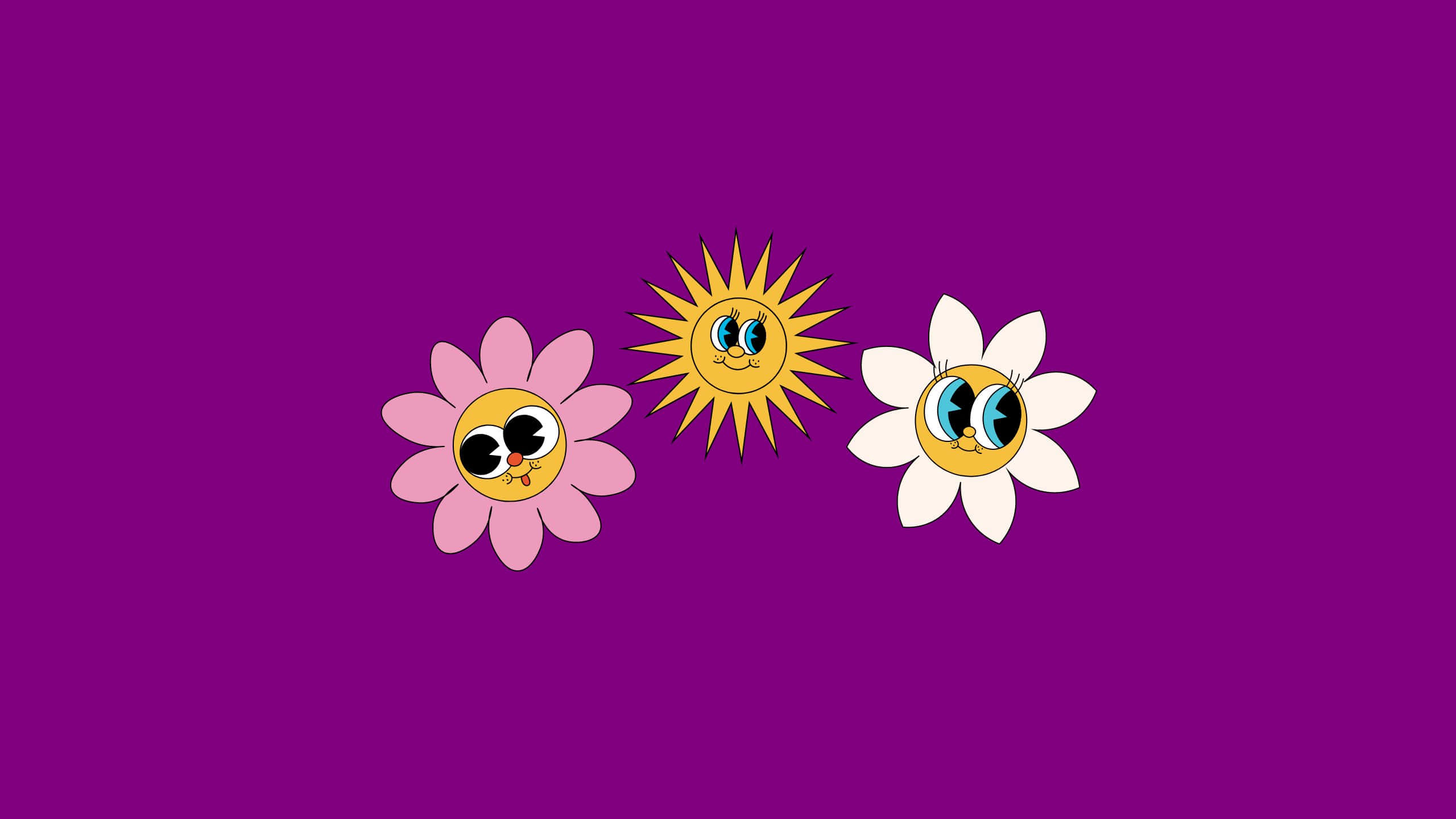 Retro Styled Flowersand Sun, cartoon flowers, sun with big eyes smile, 2K Desktop Wallpaper