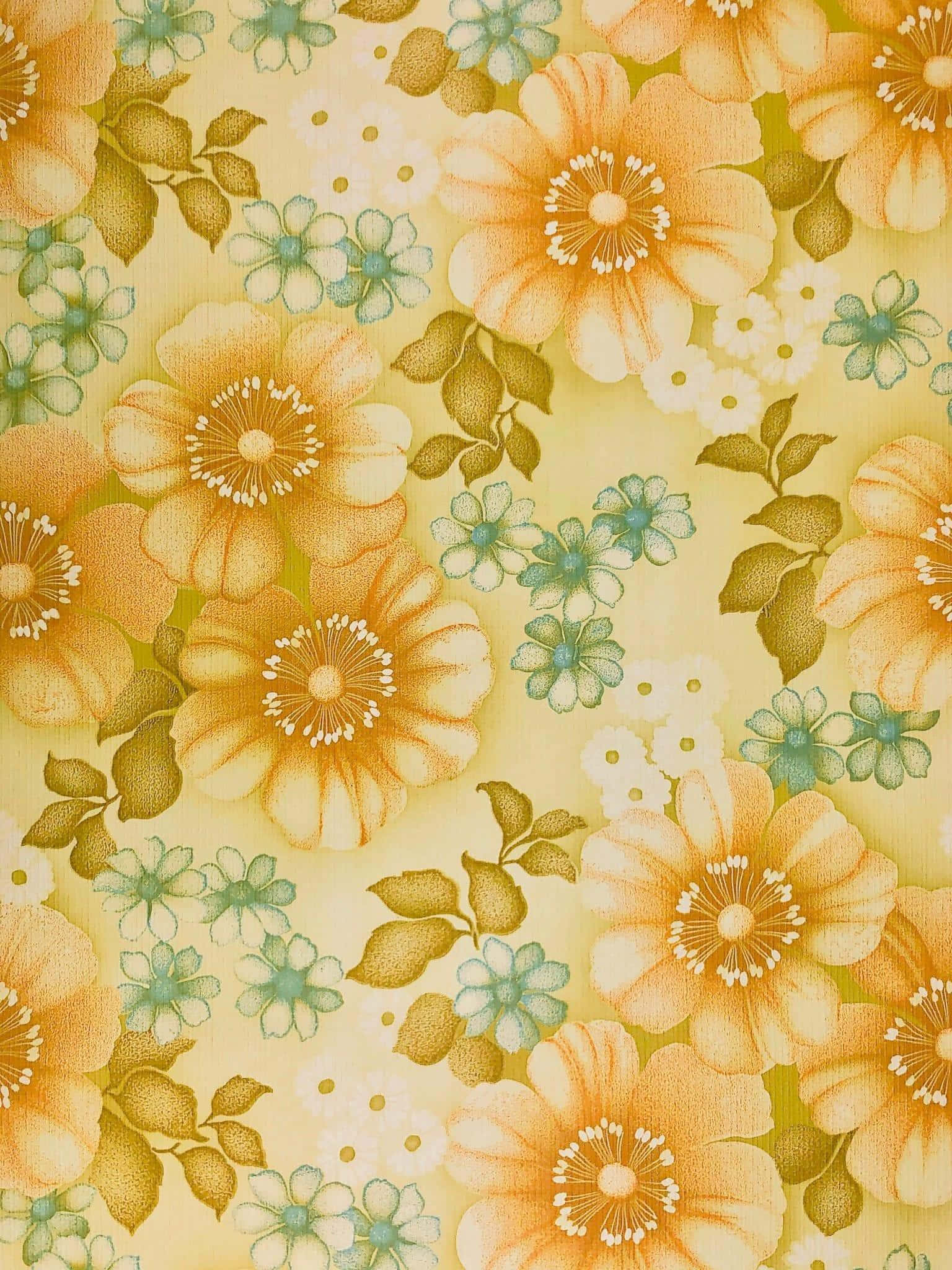 vintage floral pattern, orange blossoms, teal flowers, Full HD Phone Wallpaper