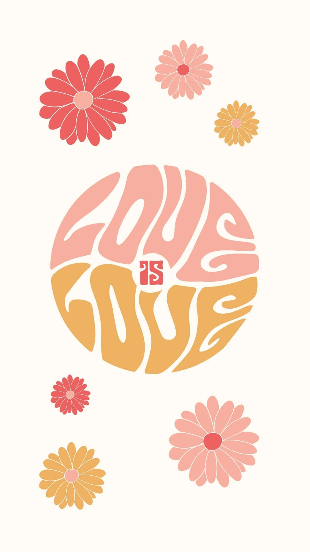 Retro Loveand Flowers Illustration, swirling pink and orange lettering, colorful daisies, Full HD Phone Wallpaper