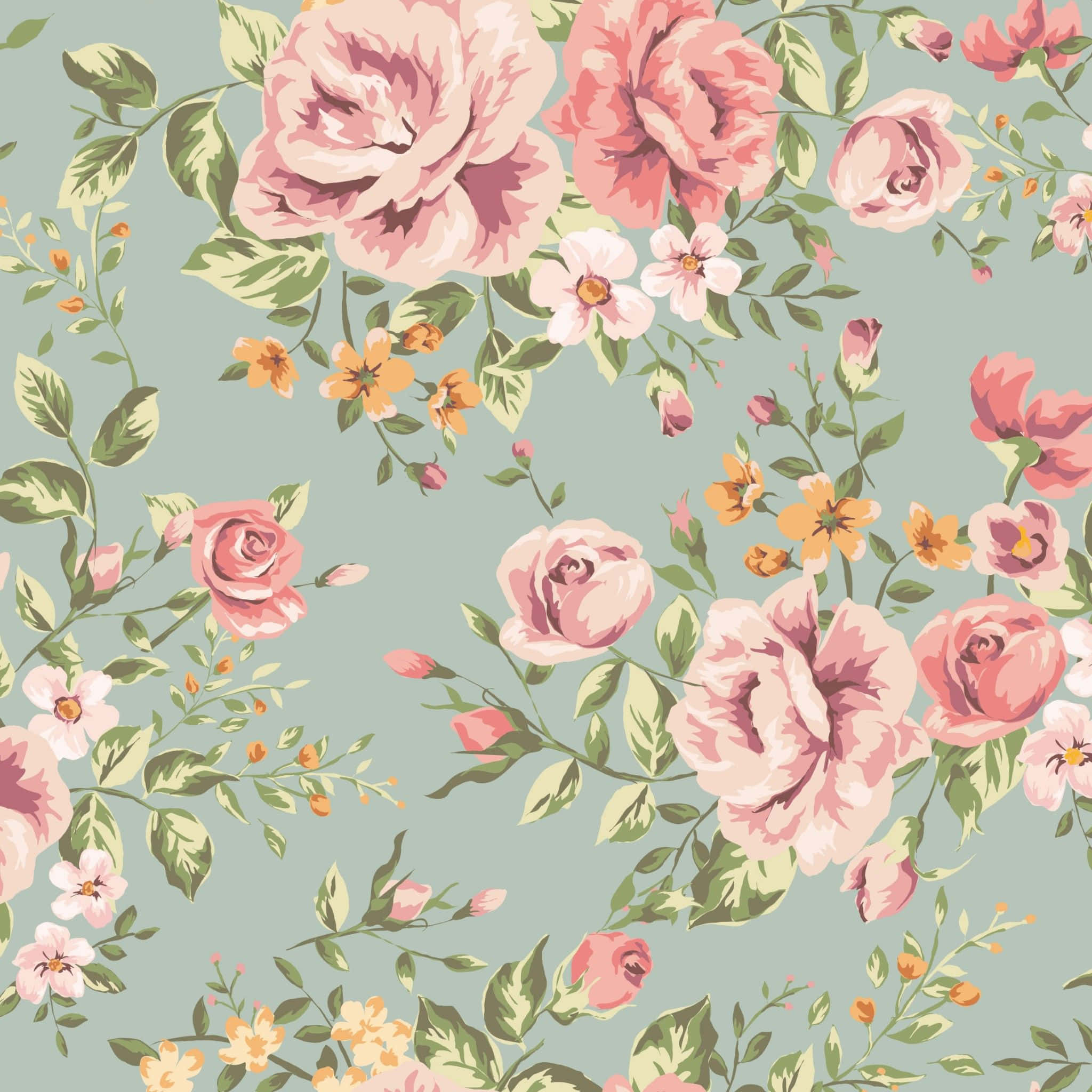 vintage flower, pink roses, yellow blossoms, Full HD Desktop Wallpaper