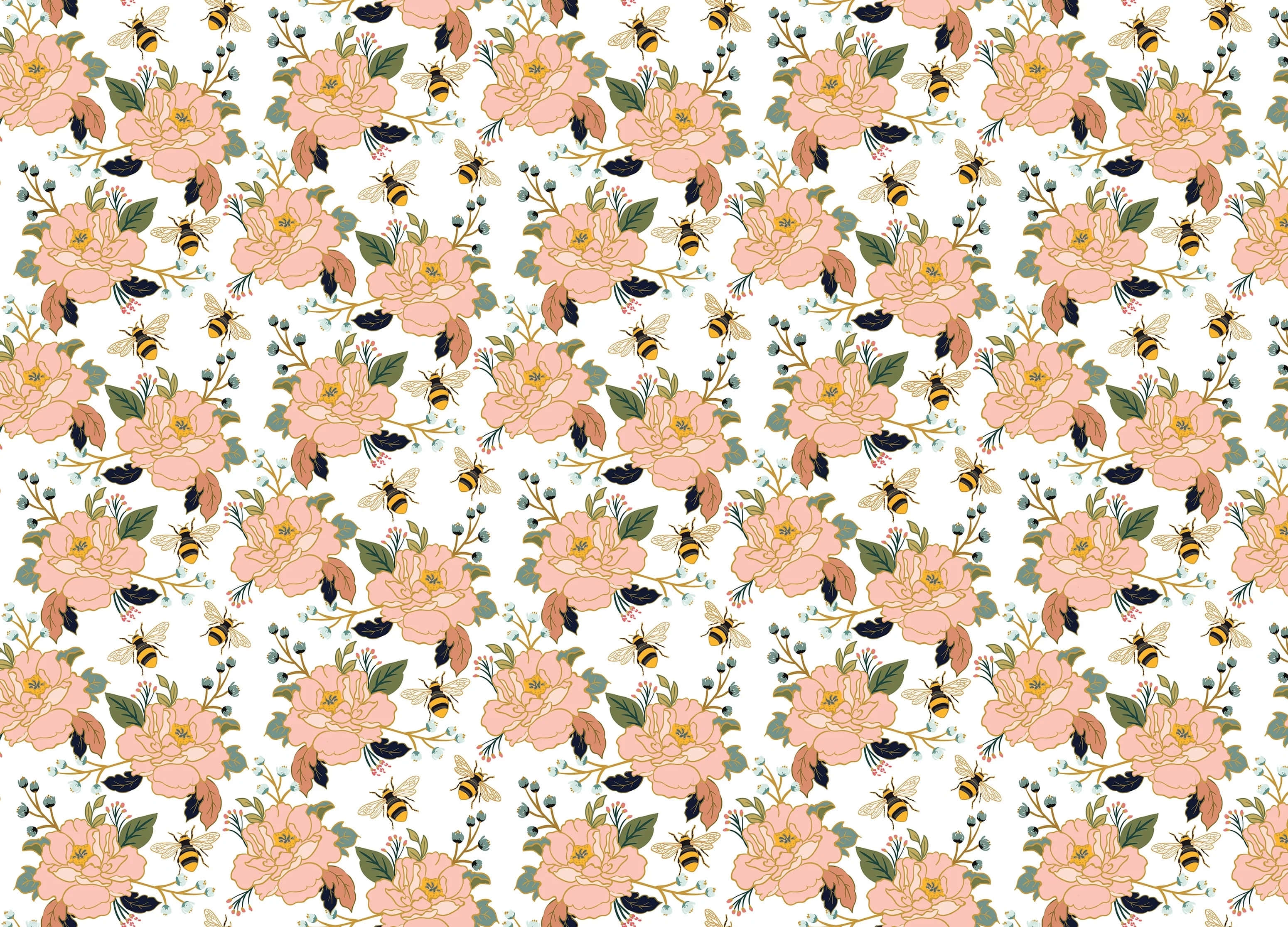 vintage floral bee pattern, soft pink peonies, green leaves, 2K Desktop Wallpaper