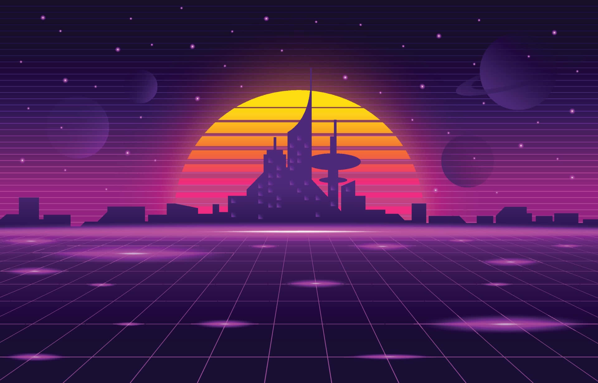 Retro Futurism, sunset, grid floor, Full HD Desktop Wallpaper