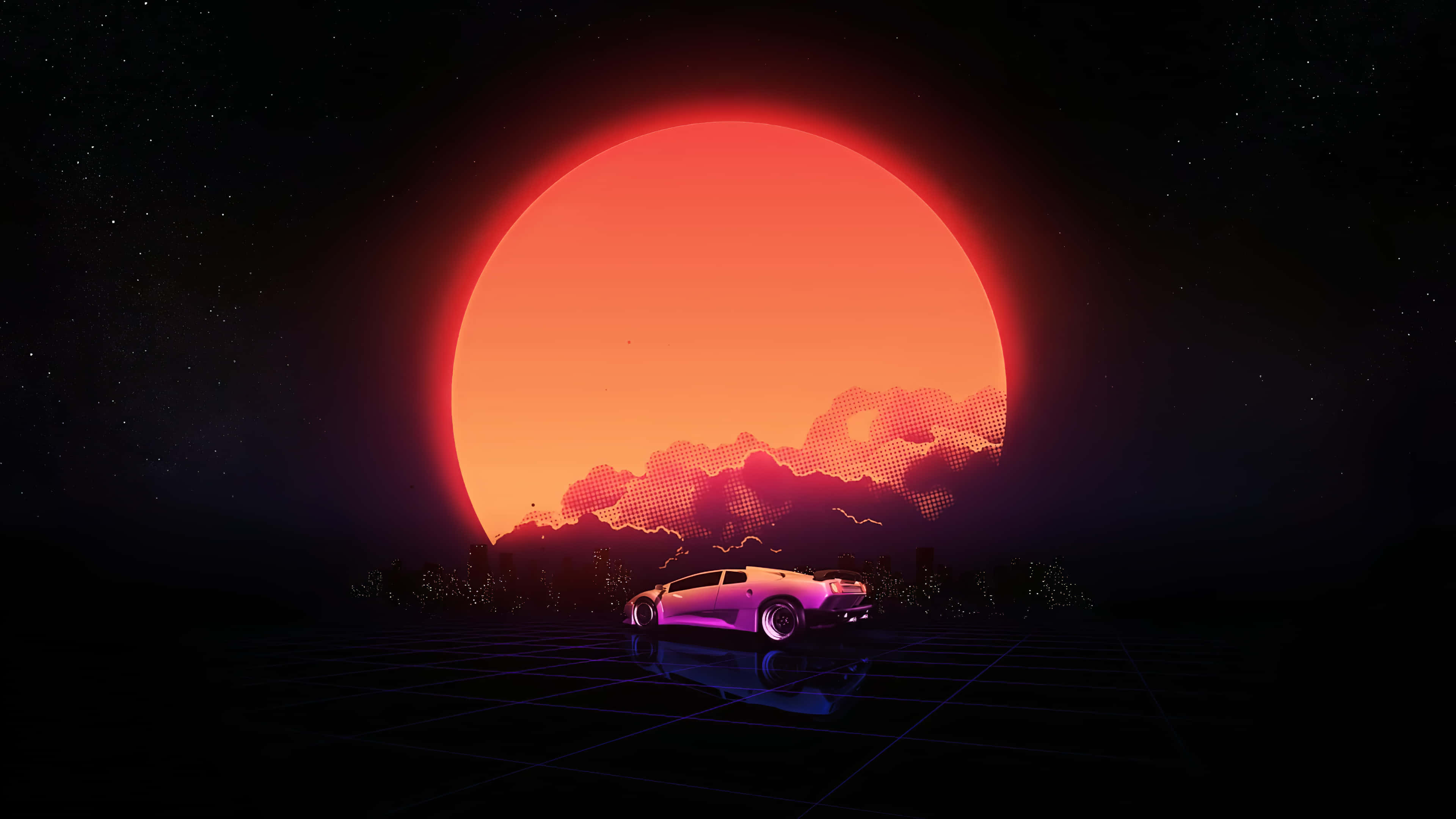 glowing pink sports car, grid, massive orange sun, 4K Desktop Wallpaper