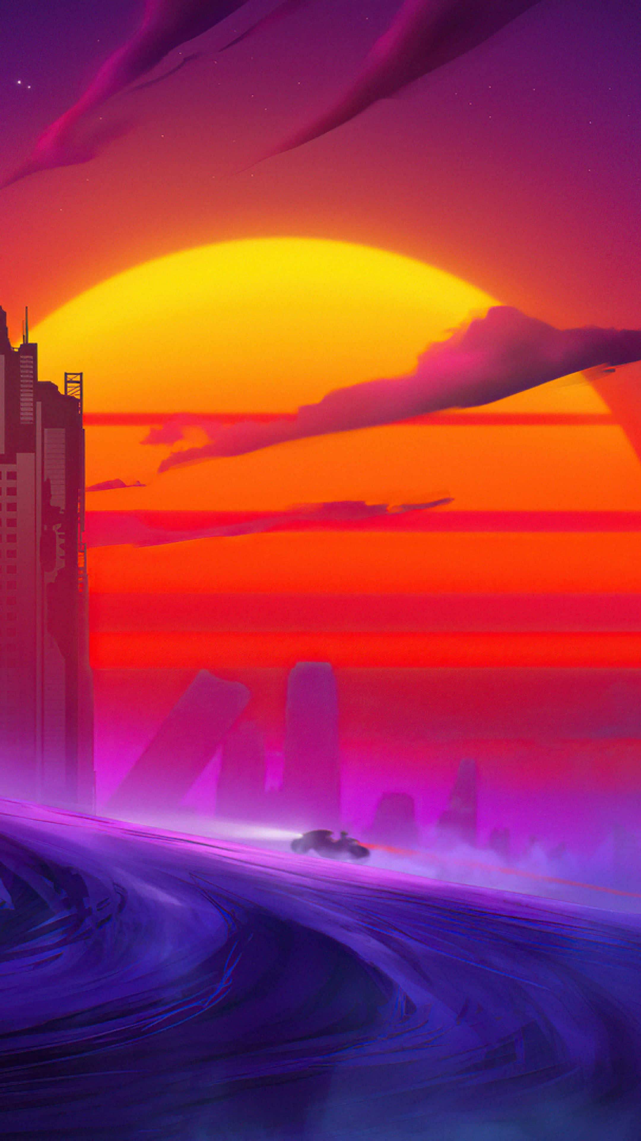 Retro Futurism, sunset, glowing orange sun, 4K Phone Wallpaper