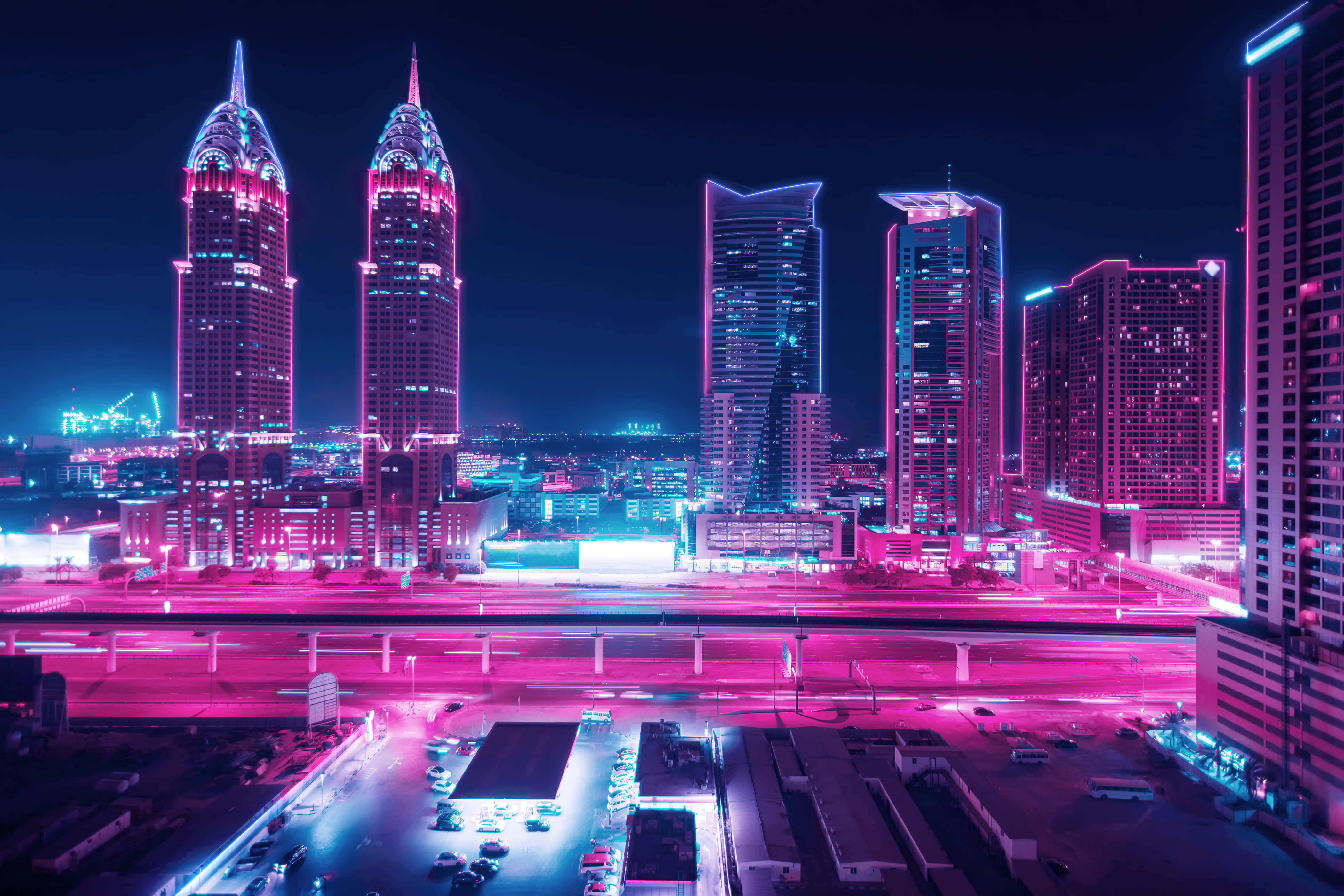 Retro Futurism, Pink City Night, neon-lit cityscape, 4K Desktop Wallpaper