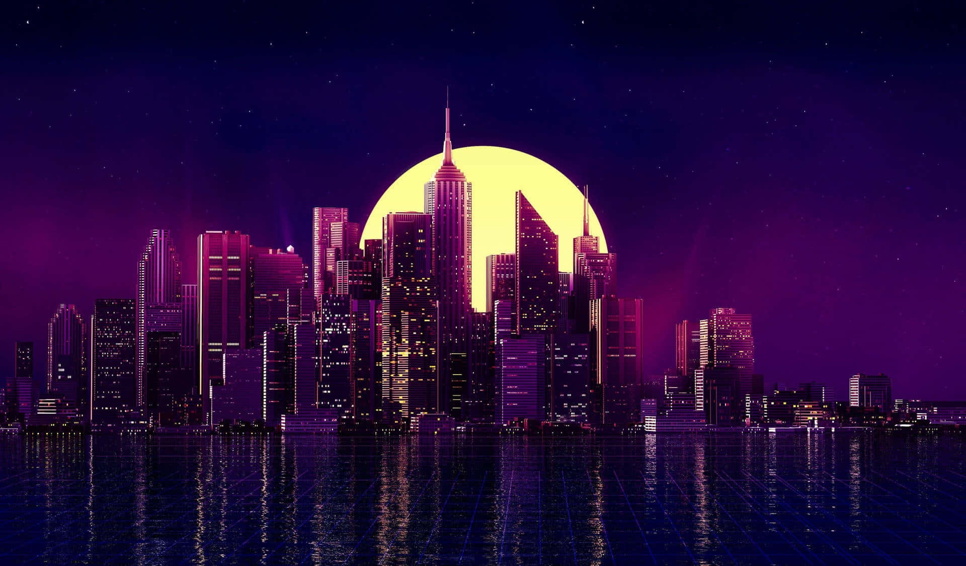neon-drenched city skyline, giant yellow moon, skyscrapers, Full HD Desktop Wallpaper
