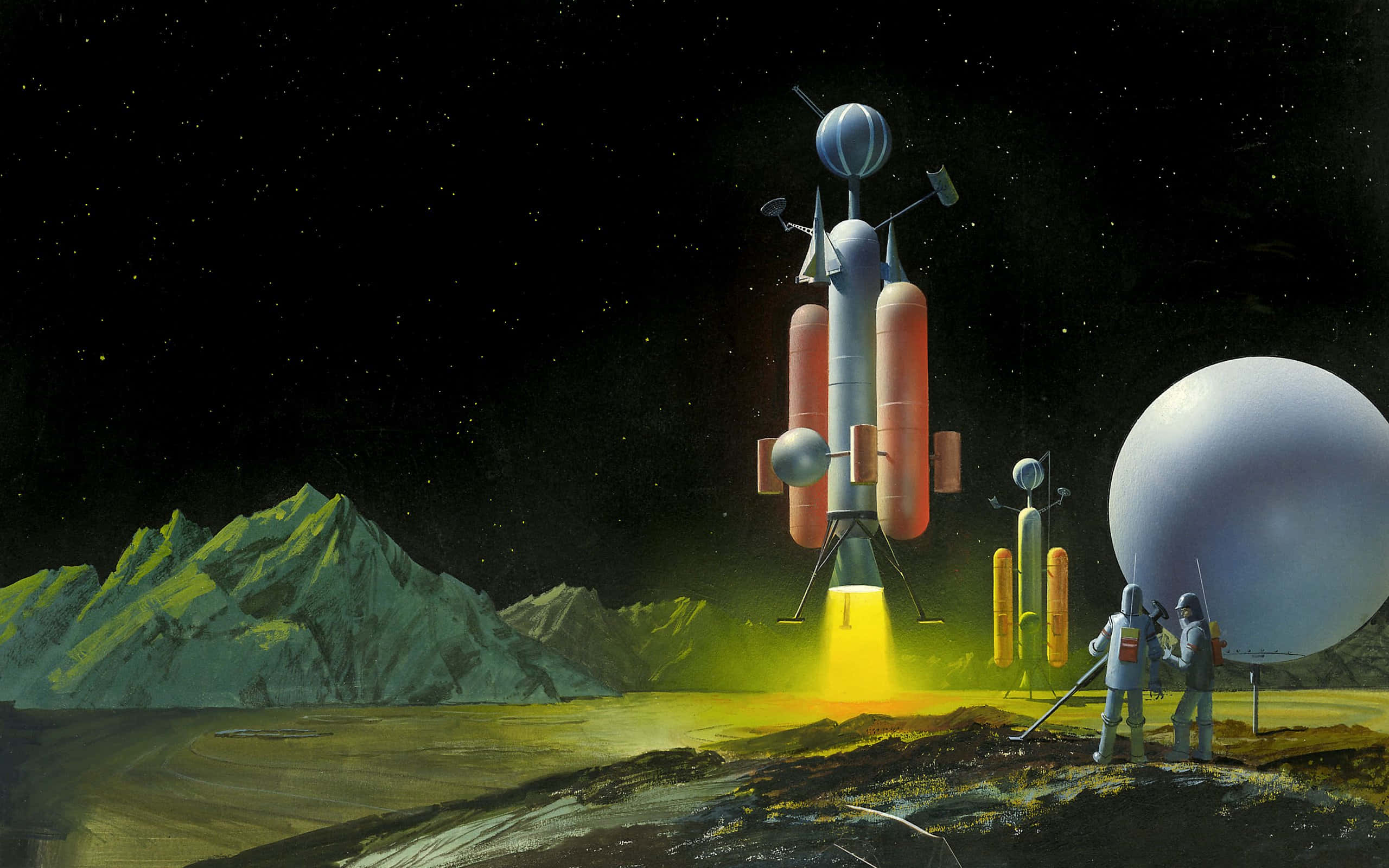 Retro Futurism, astronauts, glowing rocket, 2K Desktop Wallpaper
