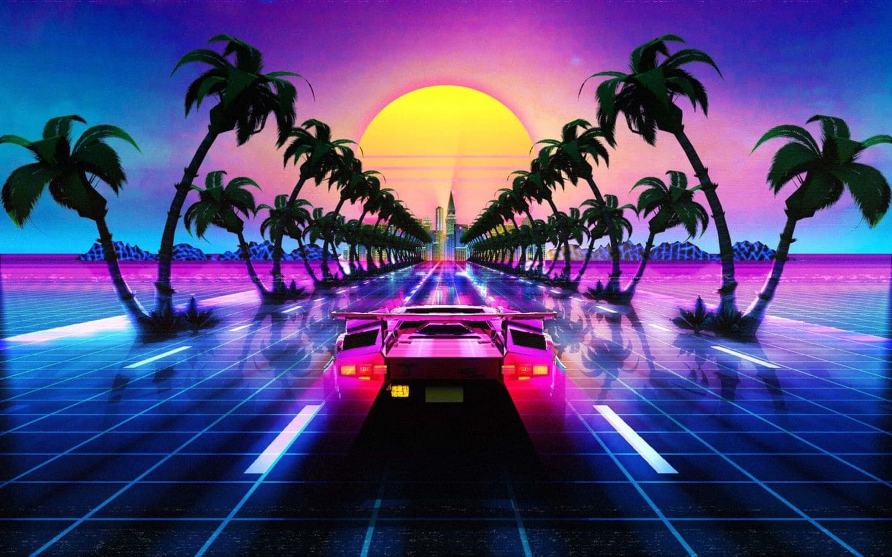 Retro Futurism, neon-lit sports car, glowing grid road, 2K Desktop Wallpaper