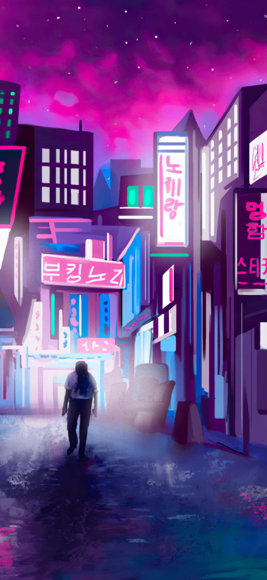 neon-lit alleyway, vibrant purple sky, glowing Korean signs, Full HD Phone Wallpaper