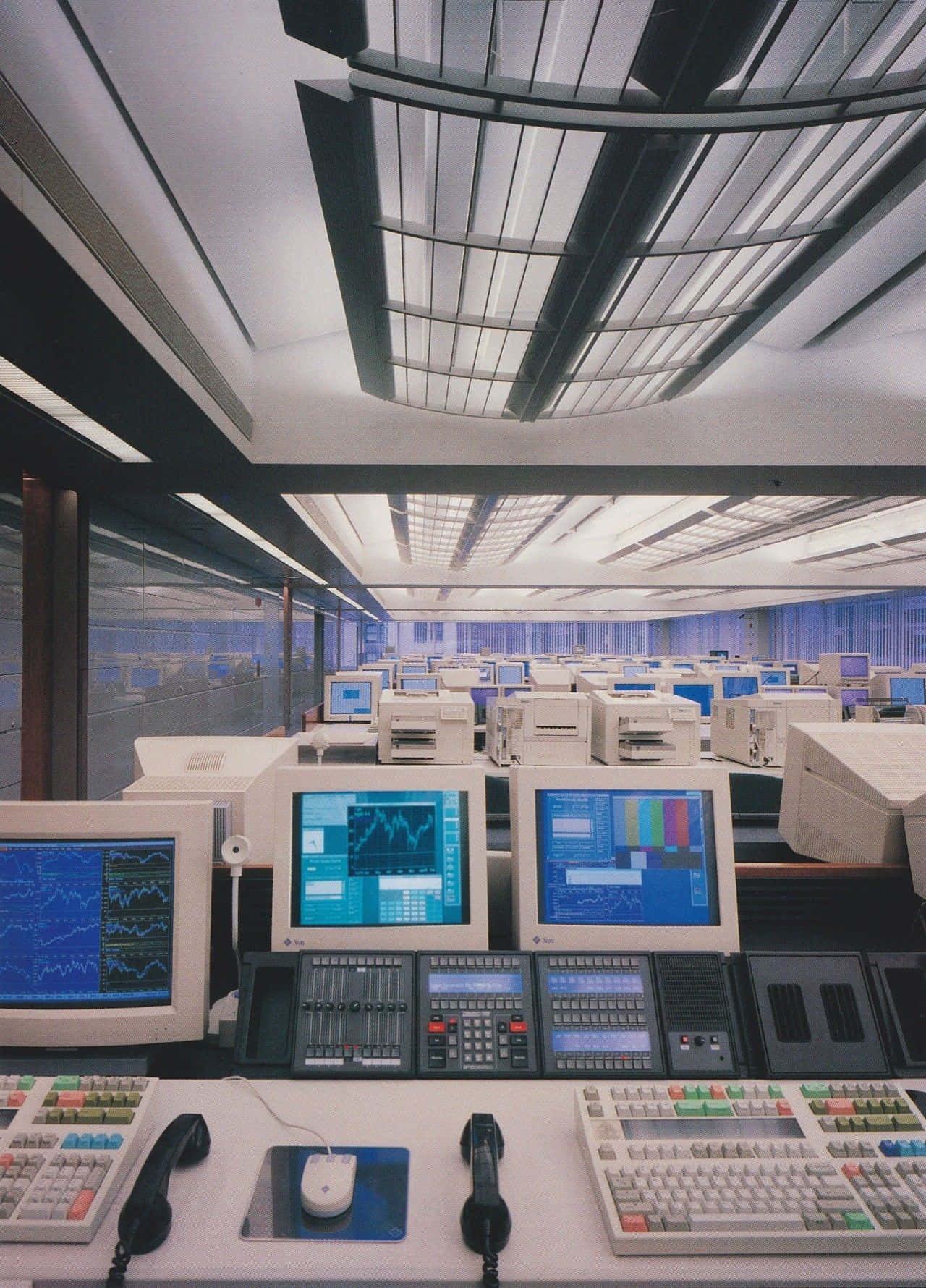 retro-futuristic control room, beige computer workstations, blue data graphs, HD Phone Wallpaper