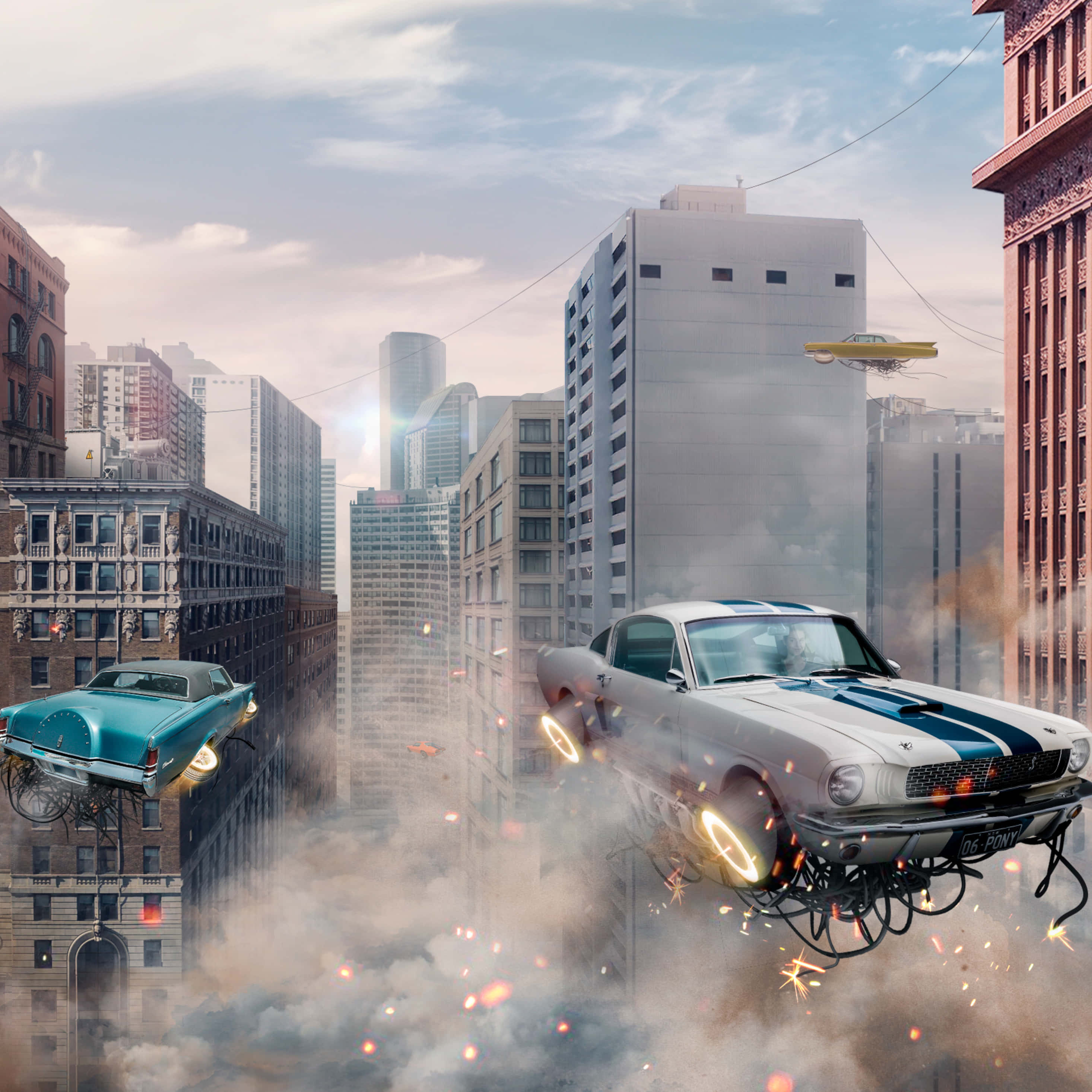 jet engines, smoky urban canyon, flying taxi, 2K Desktop Wallpaper