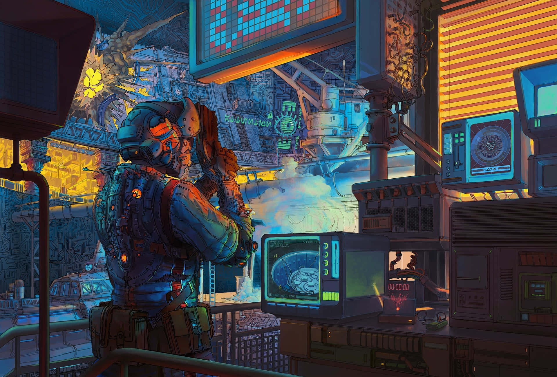 Retro Futurism, glowing armor, neon-lit cyberpunk control room, Full HD Desktop Wallpaper