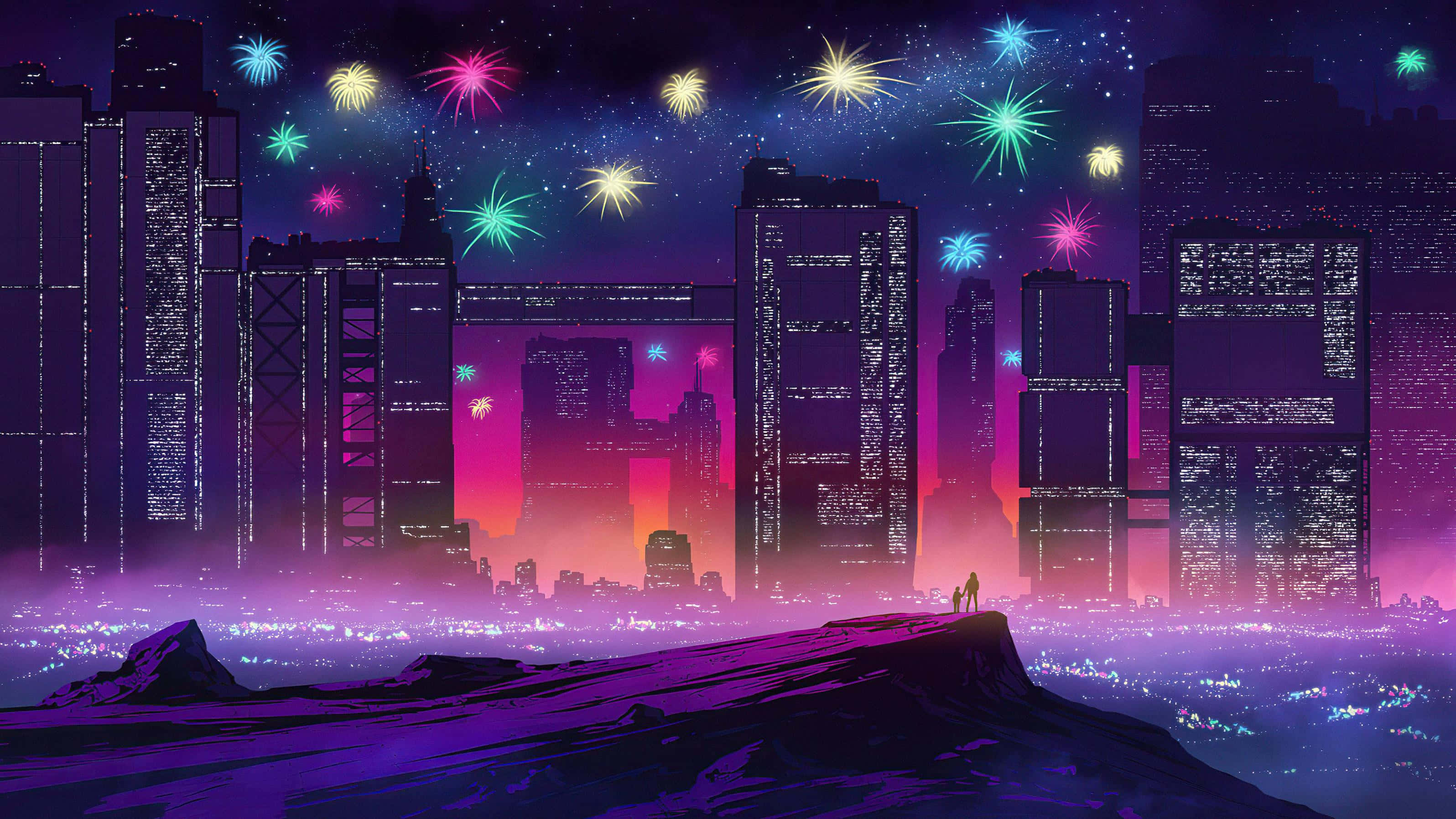 Retro Futurism, purple hill, vibrant fireworks, 2K Desktop Wallpaper