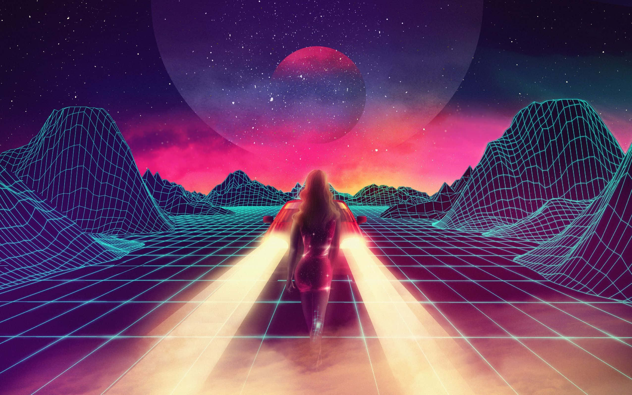 neon grid path, wireframe mountains, starry retrofuturistic sky, Full HD Desktop Wallpaper