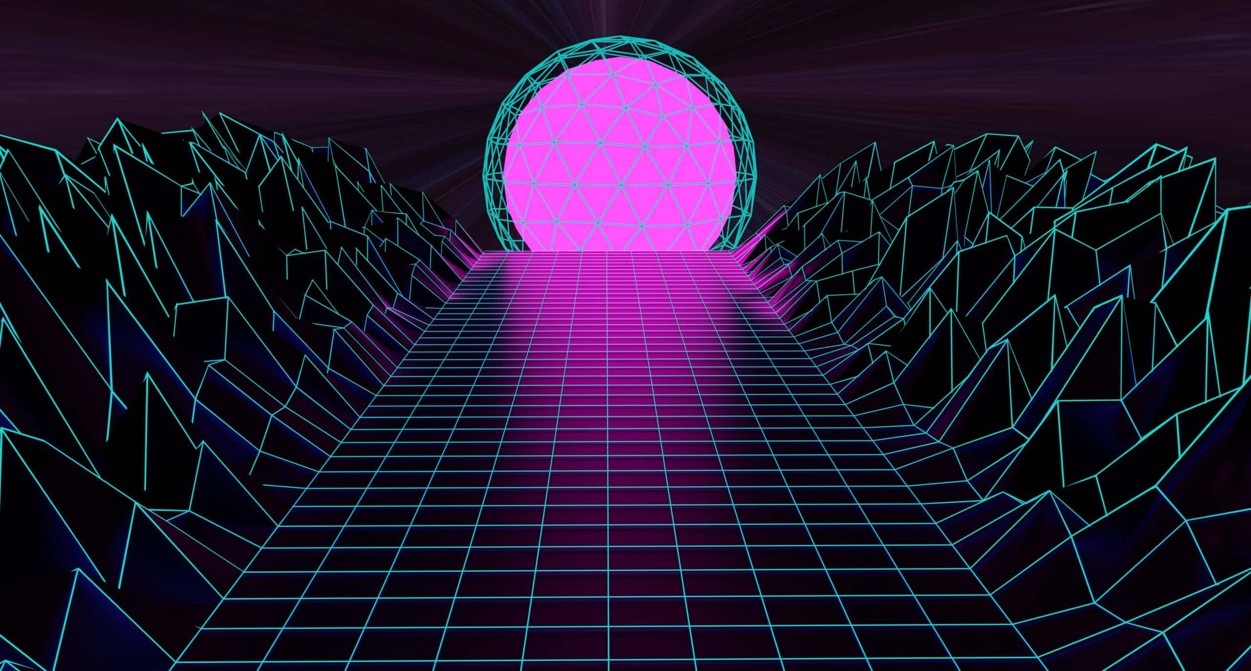Retro Futurism, neon grid road, glowing pink sphere, 2K Desktop Wallpaper
