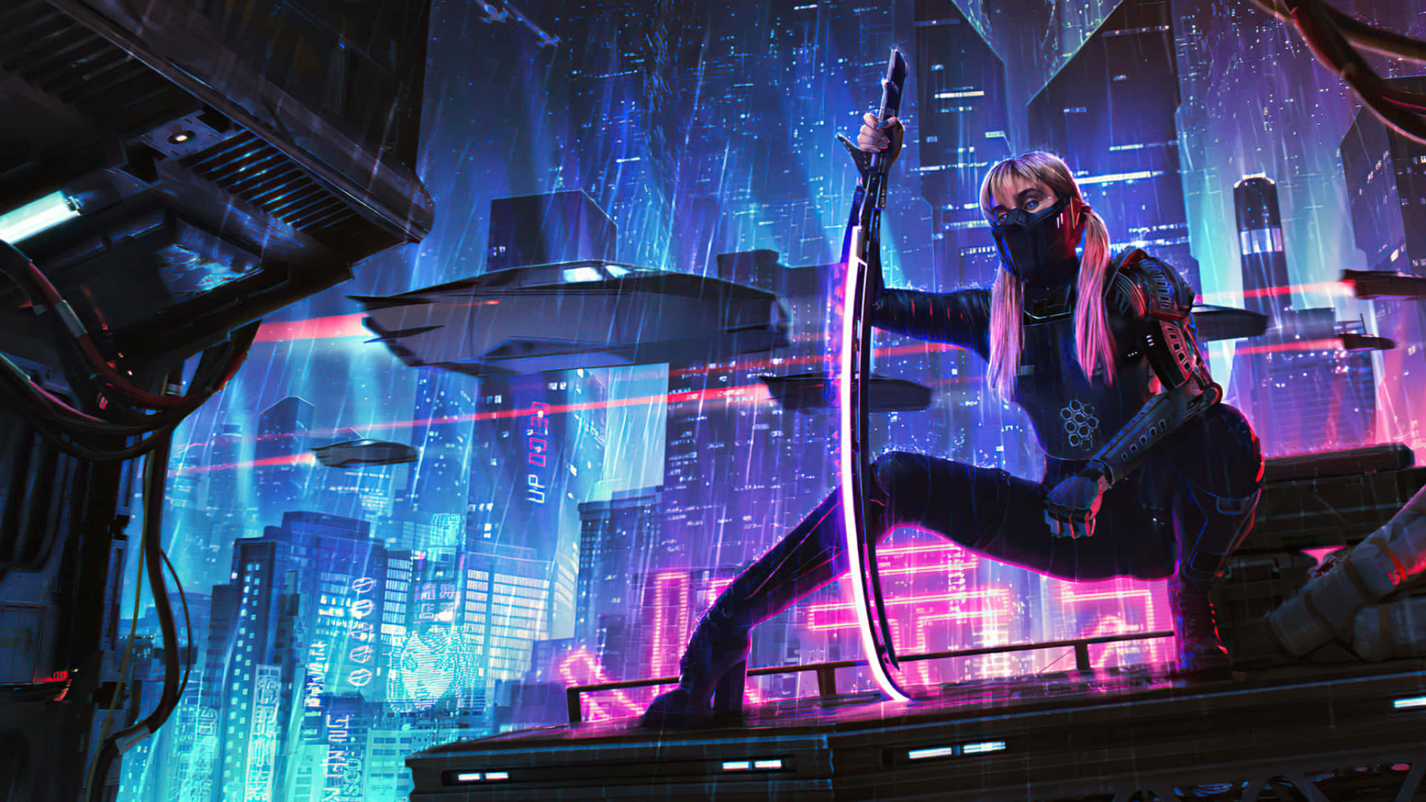 Retro Futurism, cyberpunk warrior, pink hair, Full HD Desktop Wallpaper