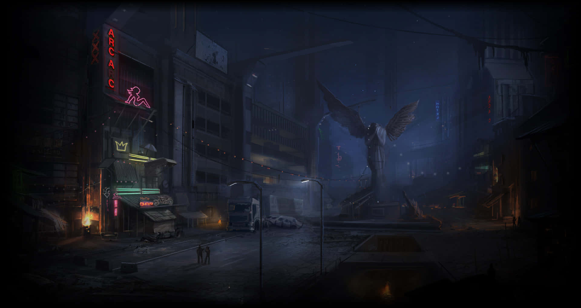 cyberpunk city, neon signs, giant angel statue, Full HD Desktop Wallpaper