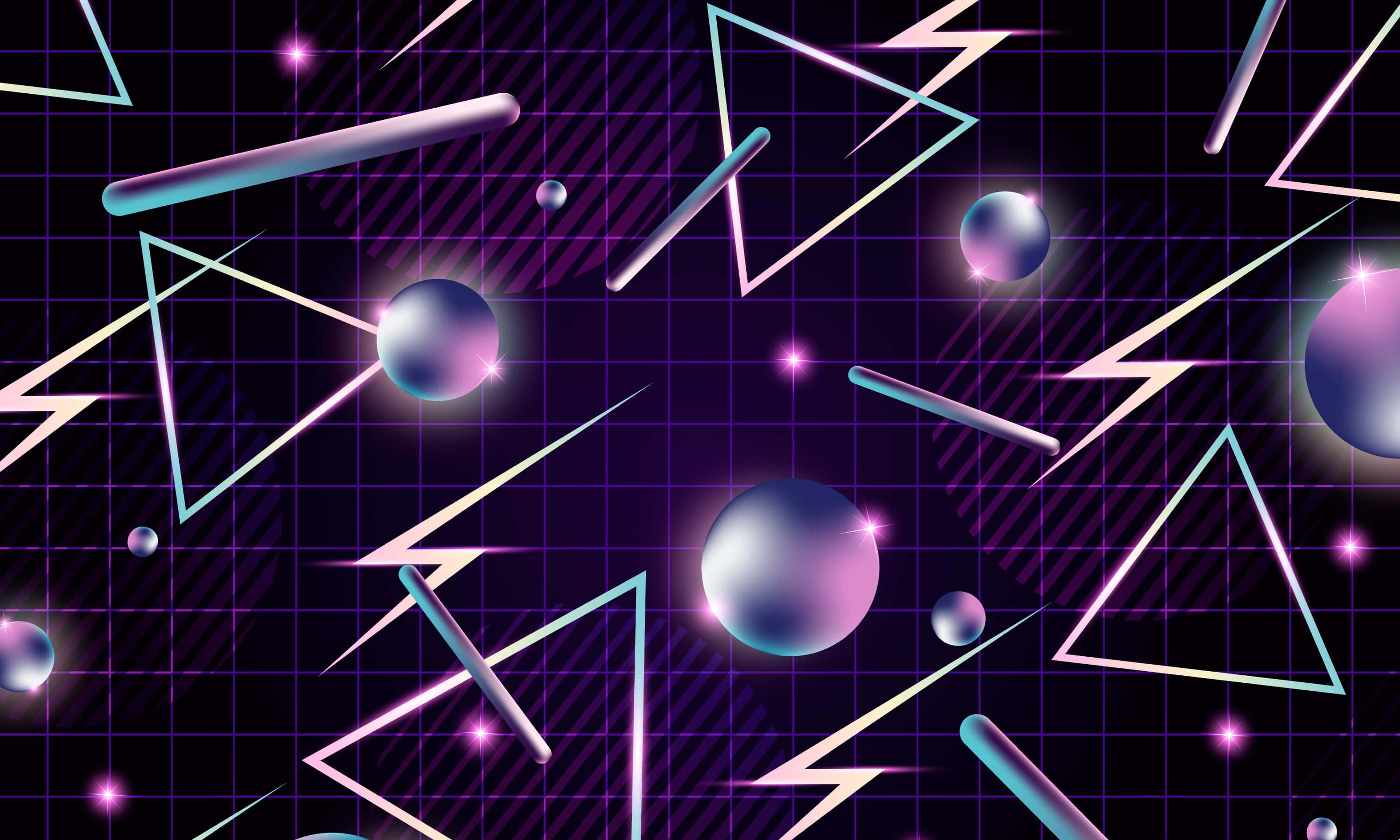 neon, geometric shapes, dark grid, 2K Desktop Wallpaper