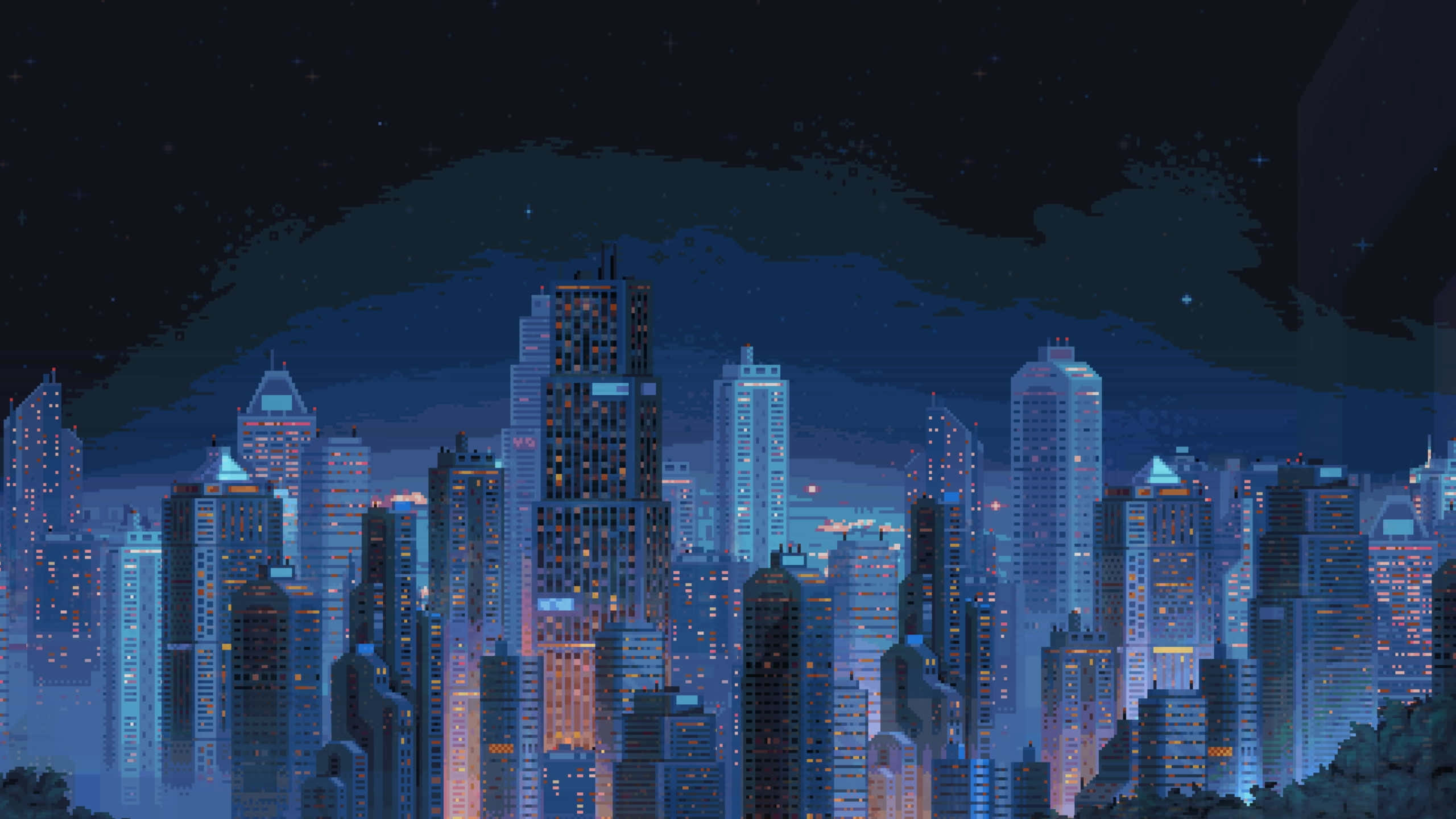 retro game, pixel-art, city skyline, 2K Desktop Wallpaper