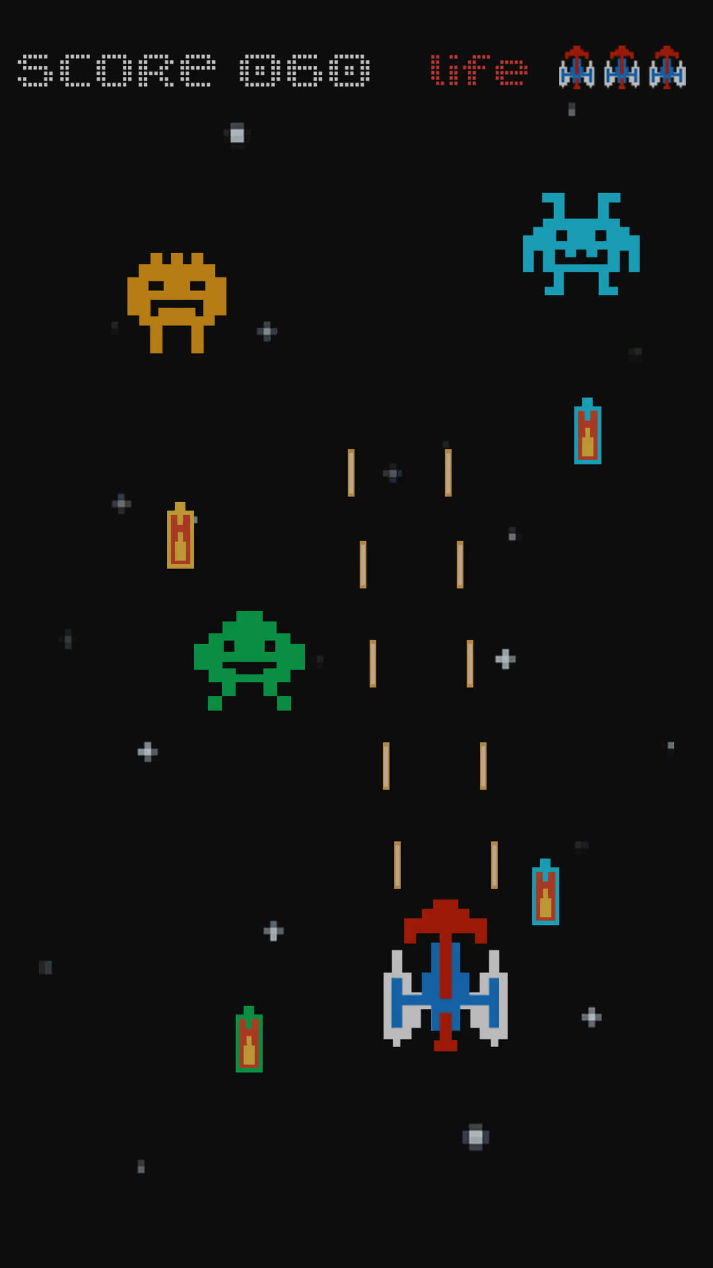 Pixelated spaceship, Colorful alien invaders, Power-ups, 2K Phone Wallpaper