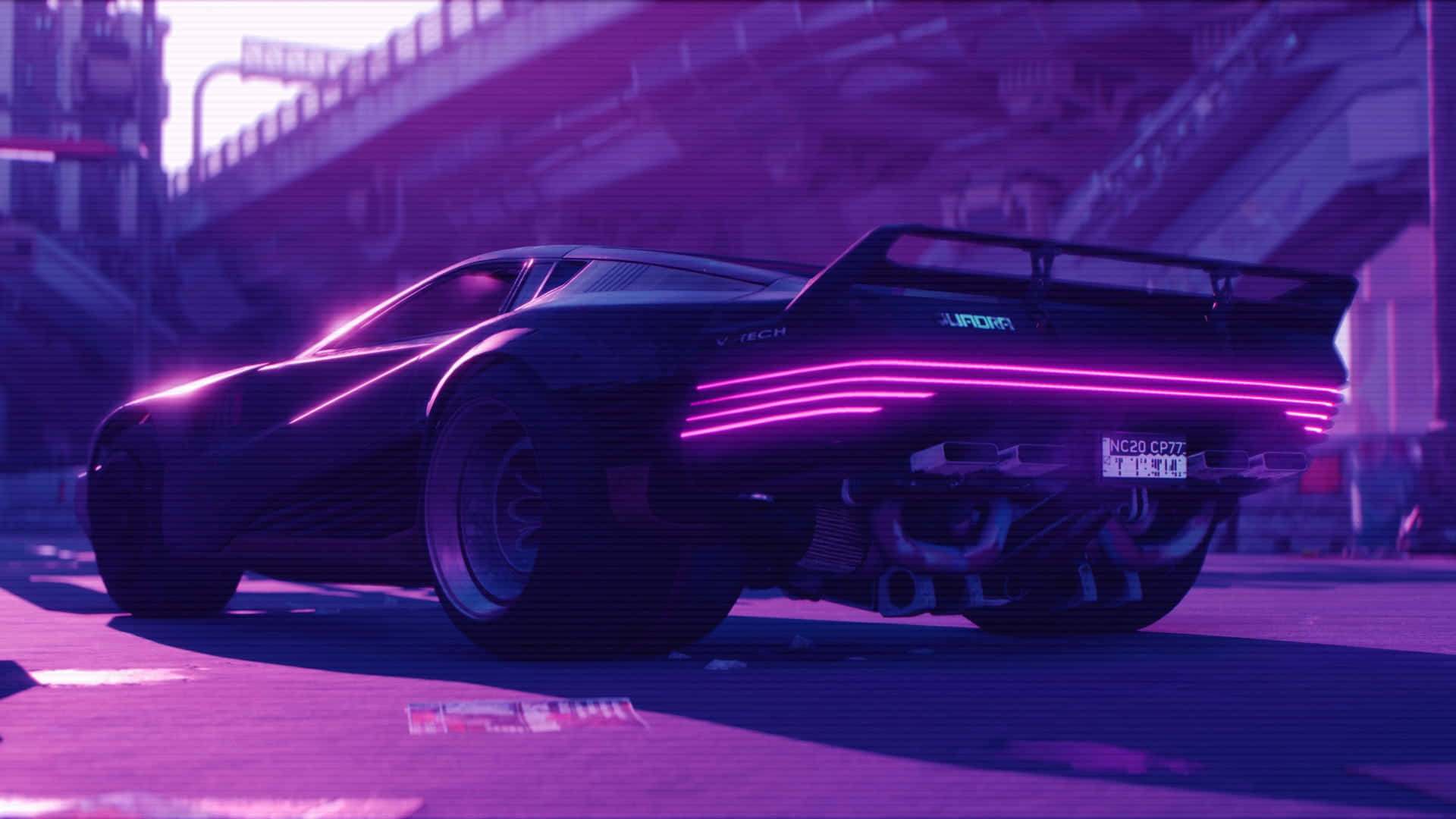 sleek black sports car, glowing pink neon stripes, under a bridge, Full HD Desktop Wallpaper