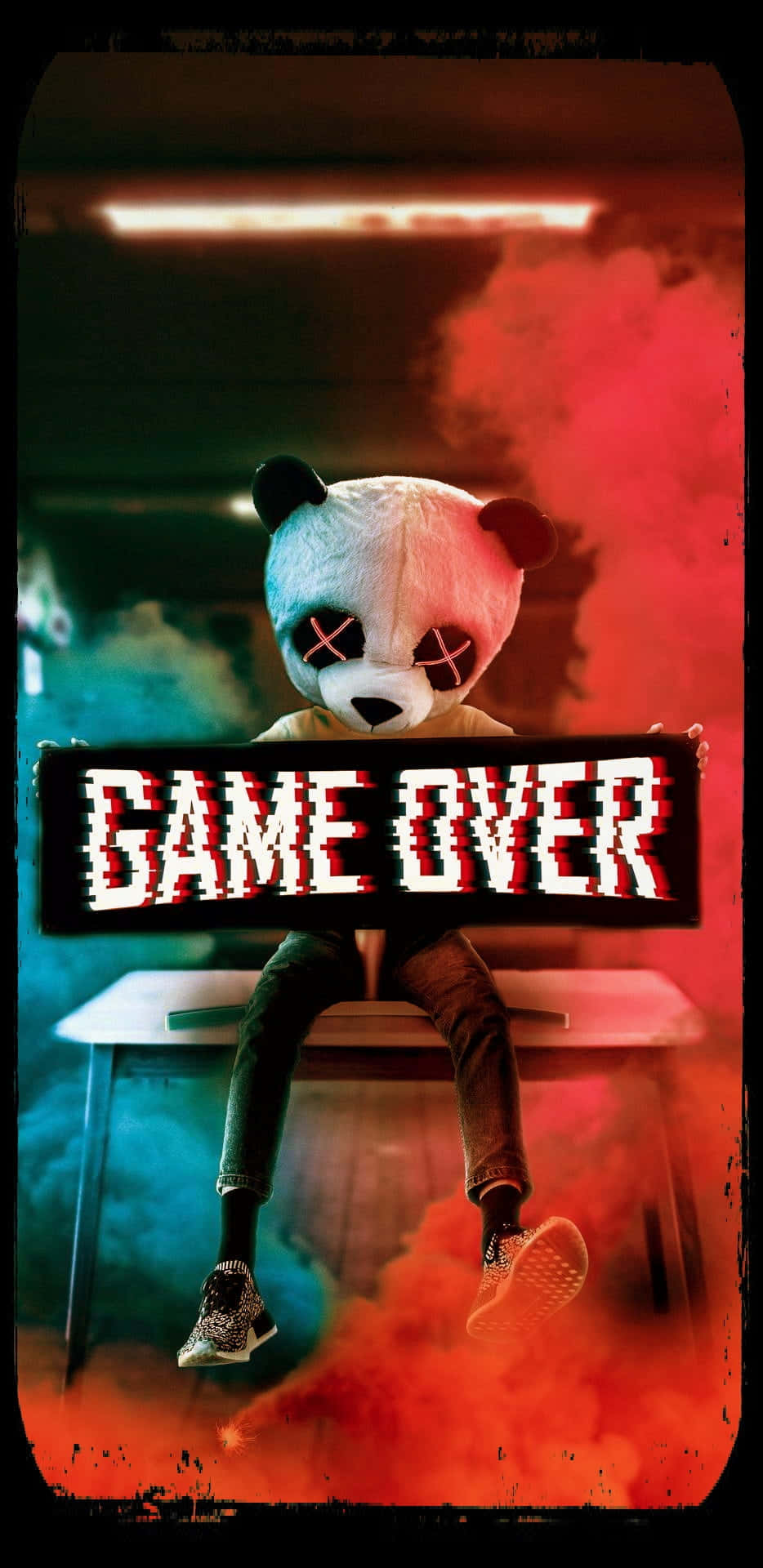 GAME OVER, panda-headed figure, red and blue smoke, Full HD Phone Wallpaper