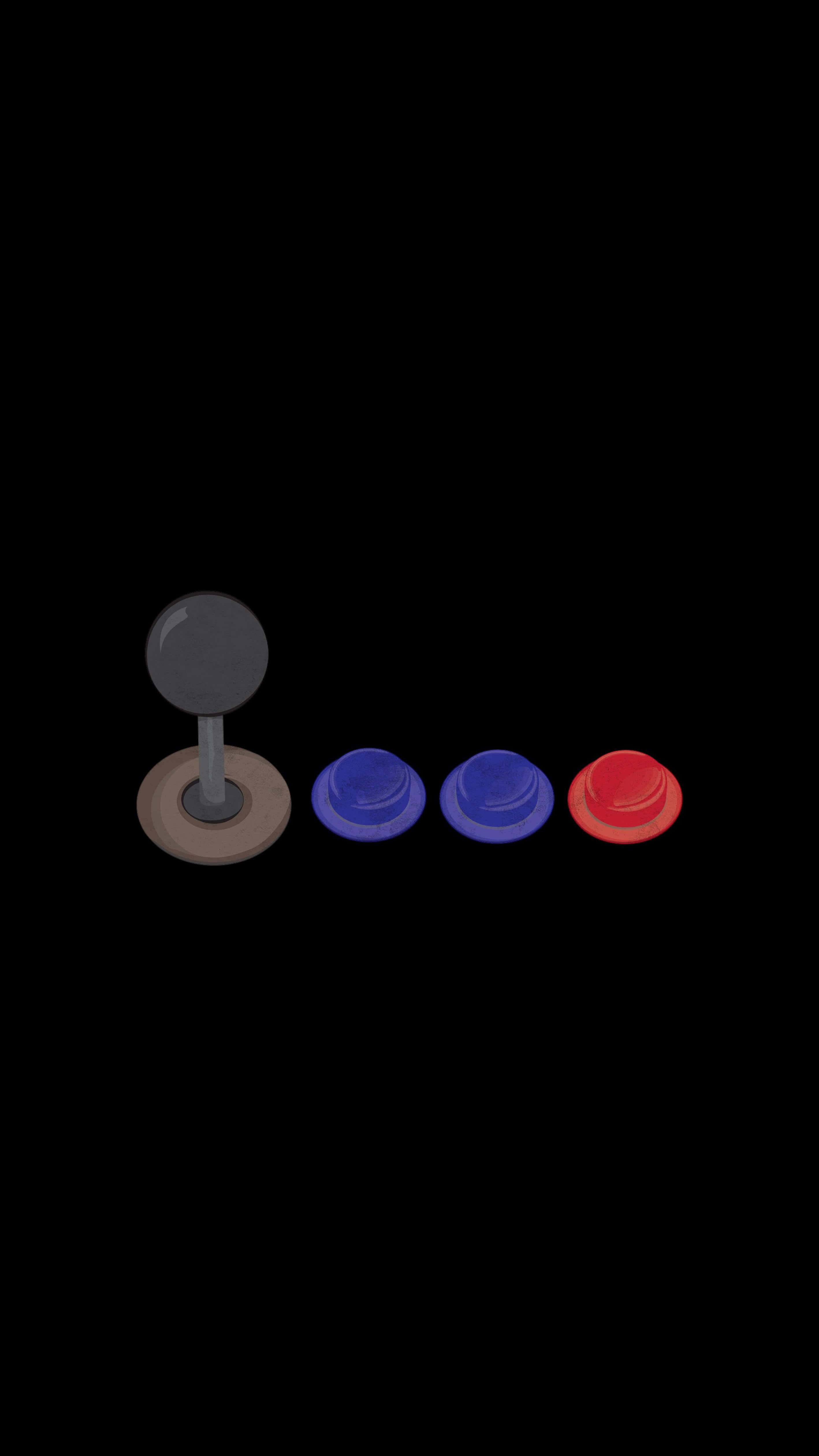 retro arcade joystick, three colorful buttons, pure black background, 4K Phone Wallpaper