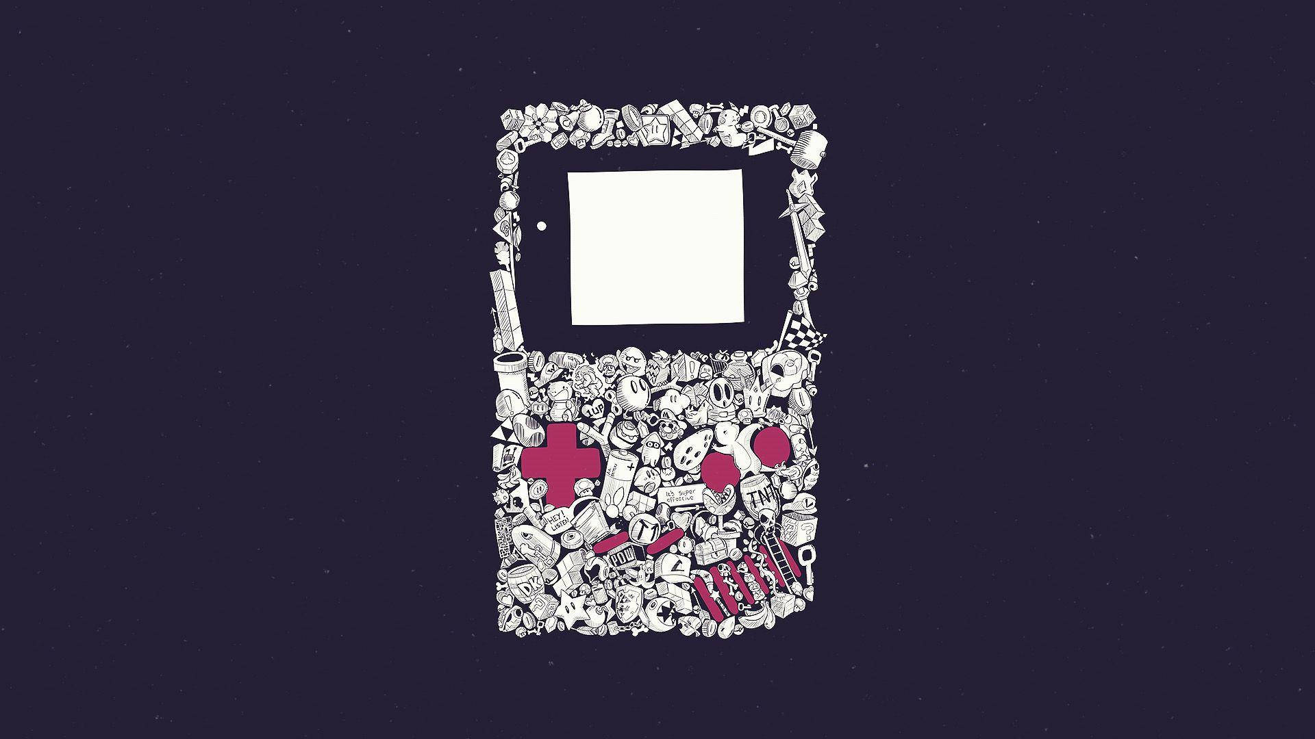 Game Boy, white doodles, pink accents, Full HD Desktop Wallpaper