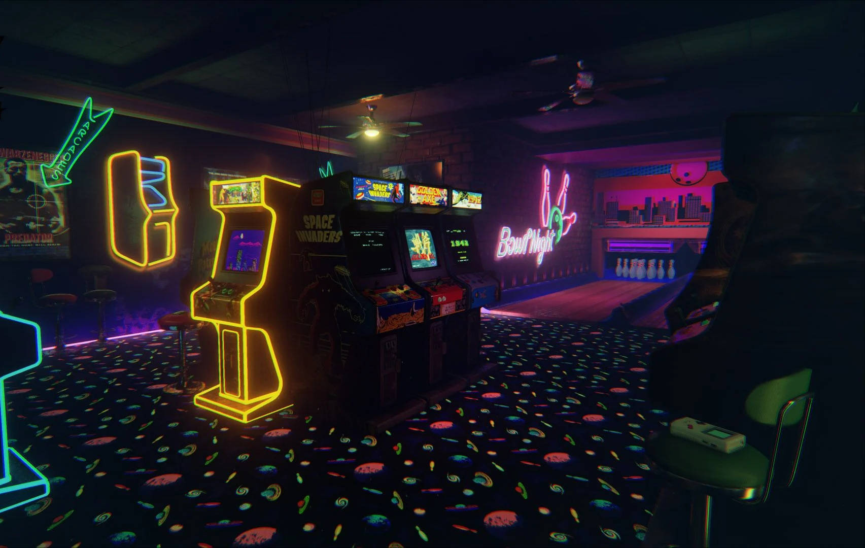 neon-lit retro arcade room, glowing machines, bowling alley, HD Desktop Wallpaper