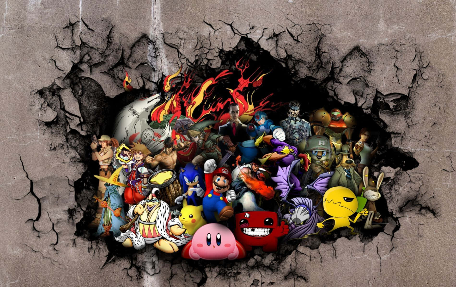 gaming classic collections, 3d-rendered crack in concrete, chaotic explosion of iconic video game characters, HD Desktop Wallpaper