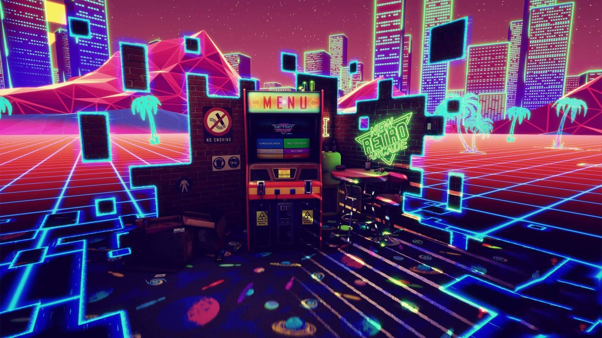 retro-futuristic arcade machine, neon lights, cyberpunk cityscape, Full HD Desktop Wallpaper