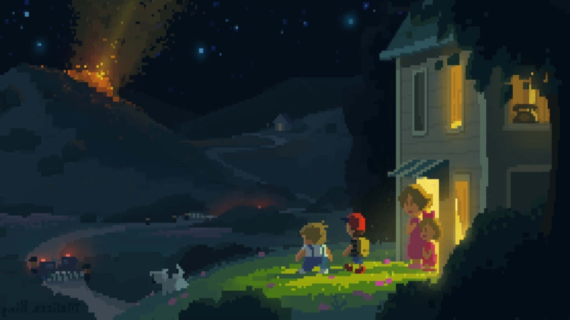 Cool Retro Game, pixelated children, warmly lit house, Full HD Desktop Wallpaper