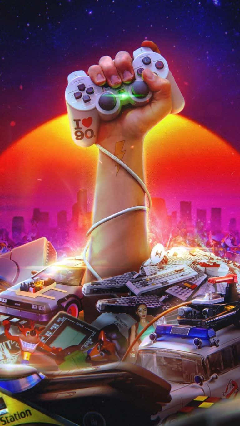 giant hand, glowing game controller, 90s tech gadgets, HD Phone Wallpaper