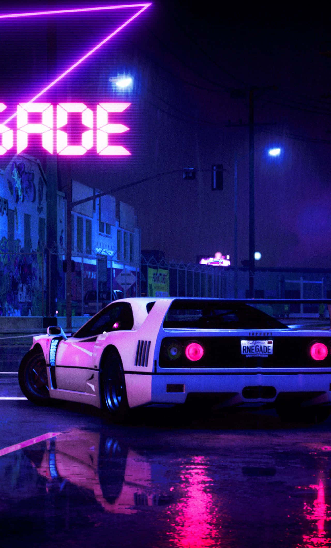 Retro iPhone, white sports car, neon lights, Full HD Phone Wallpaper