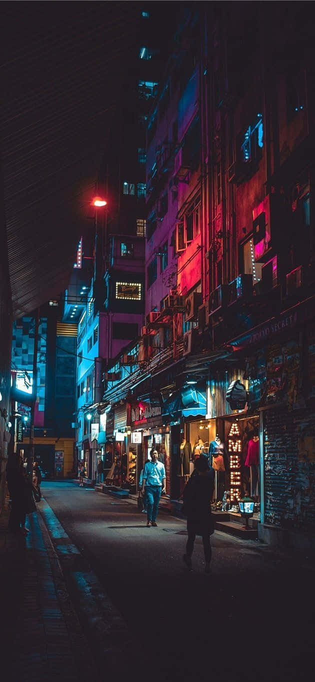 neon lights, city street at night, glowing storefronts, HD Phone Wallpaper