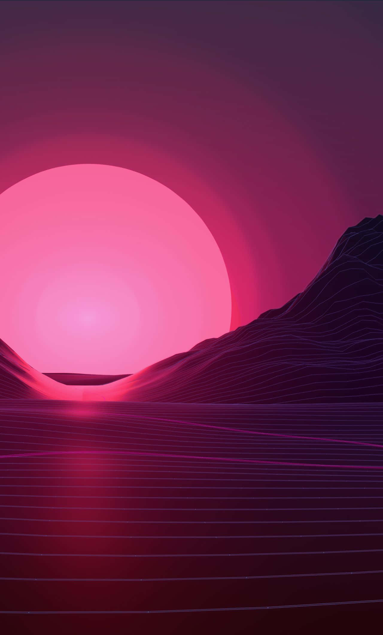 Retro iPhone, glowing pink sun, stylized purple mountains, Full HD Phone Wallpaper
