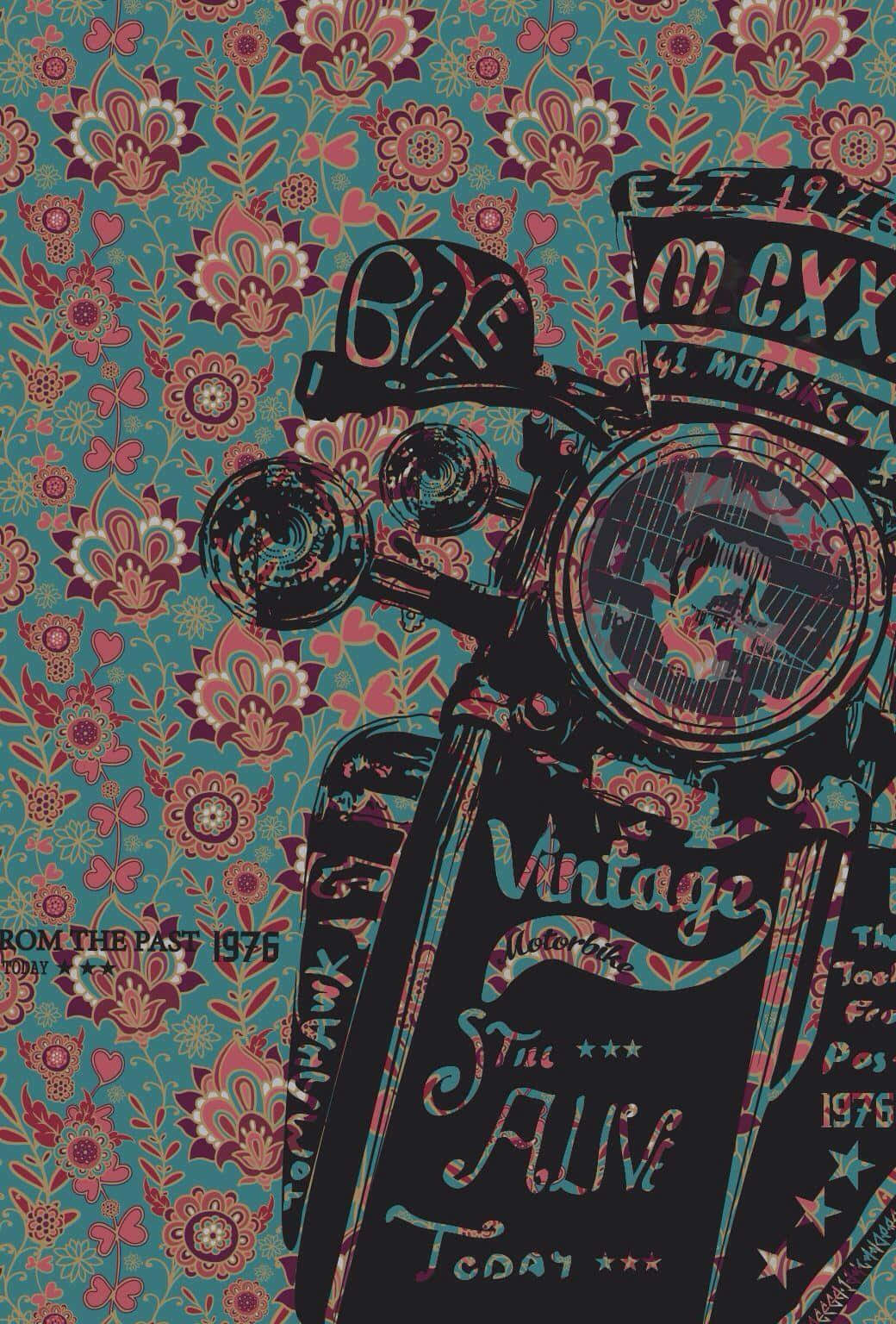 vintage motorcycle, floral patterns, retro text, HD Phone Wallpaper