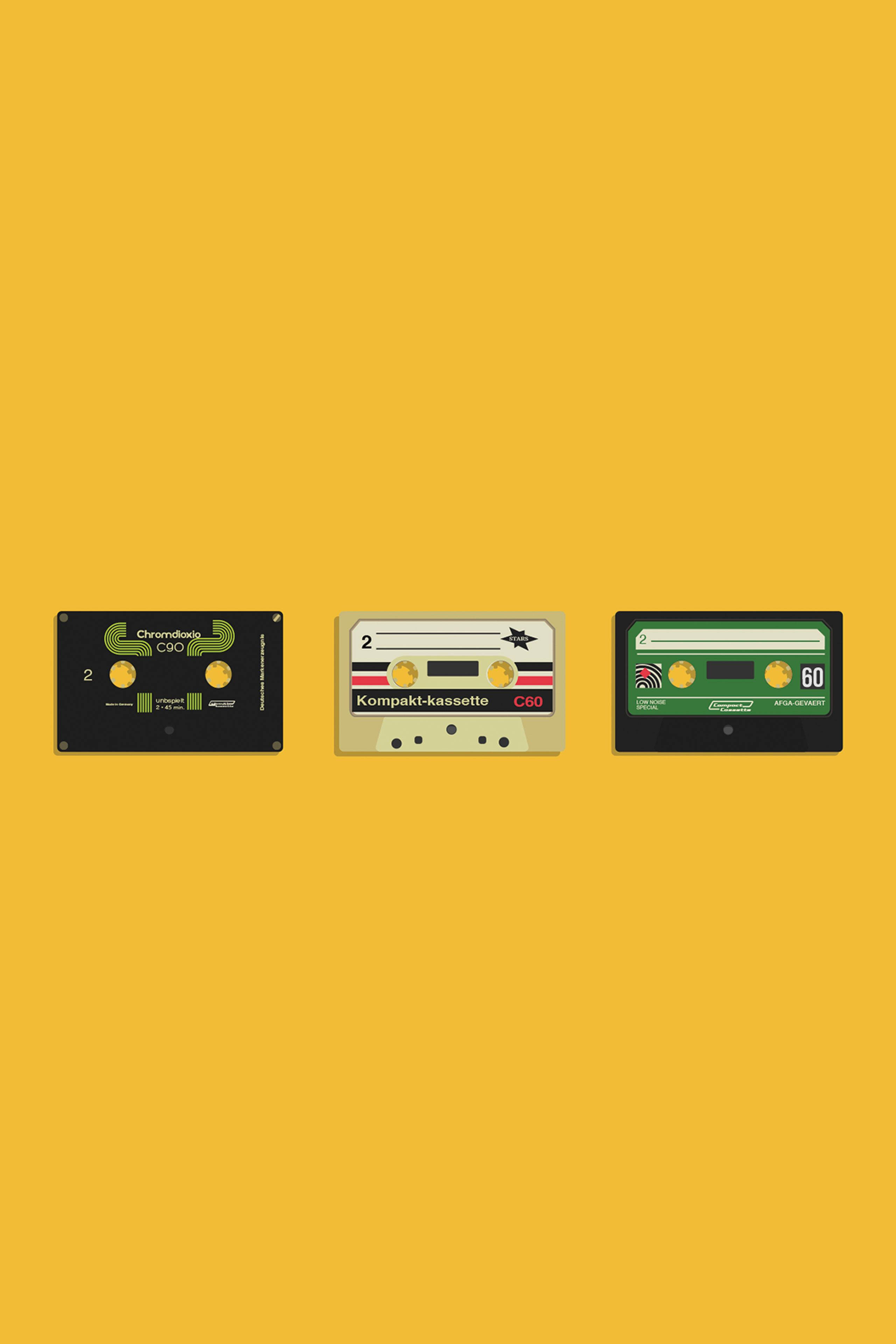 cassette tapes, retro aesthetic, mustard yellow background, 4K Phone Wallpaper