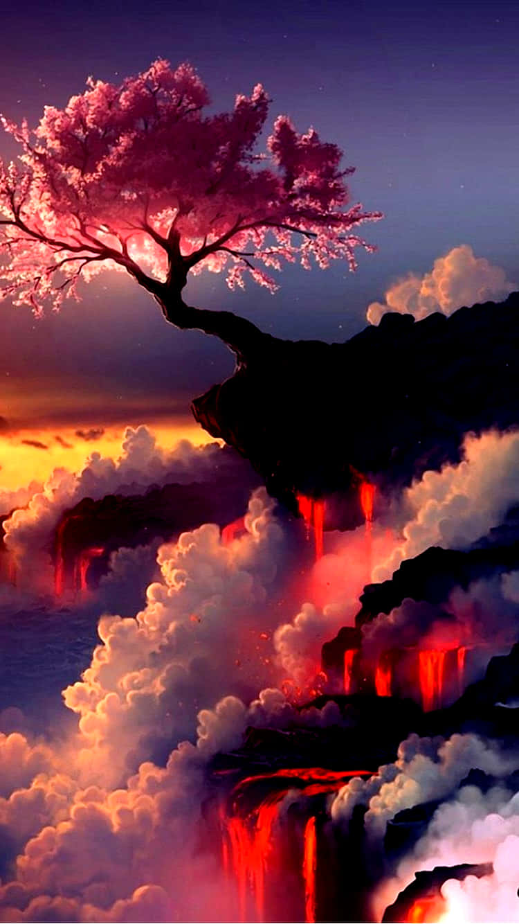 cherry blossom tree, cliff, molten lava, HD Phone Wallpaper
