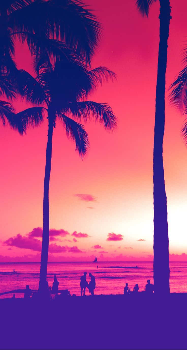 80s aesthetic, palm trees, vibrant pink and purple sunset, HD Phone Wallpaper