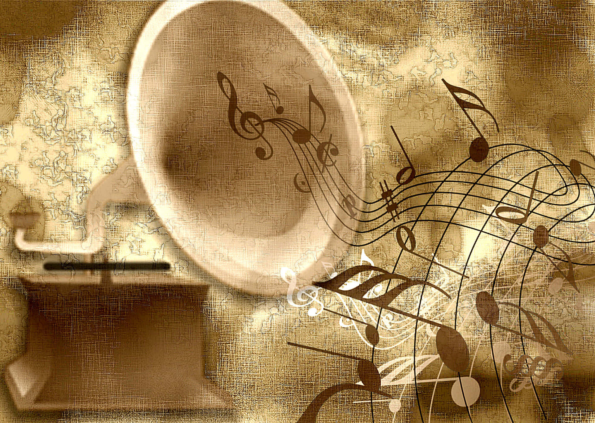 vintage gramophone, swirling musical notes, textured sepia-toned background, Full HD Desktop Wallpaper