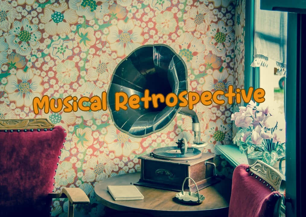 vintage gramophone, wooden table, floral wallpapered wall, SD Desktop Wallpaper