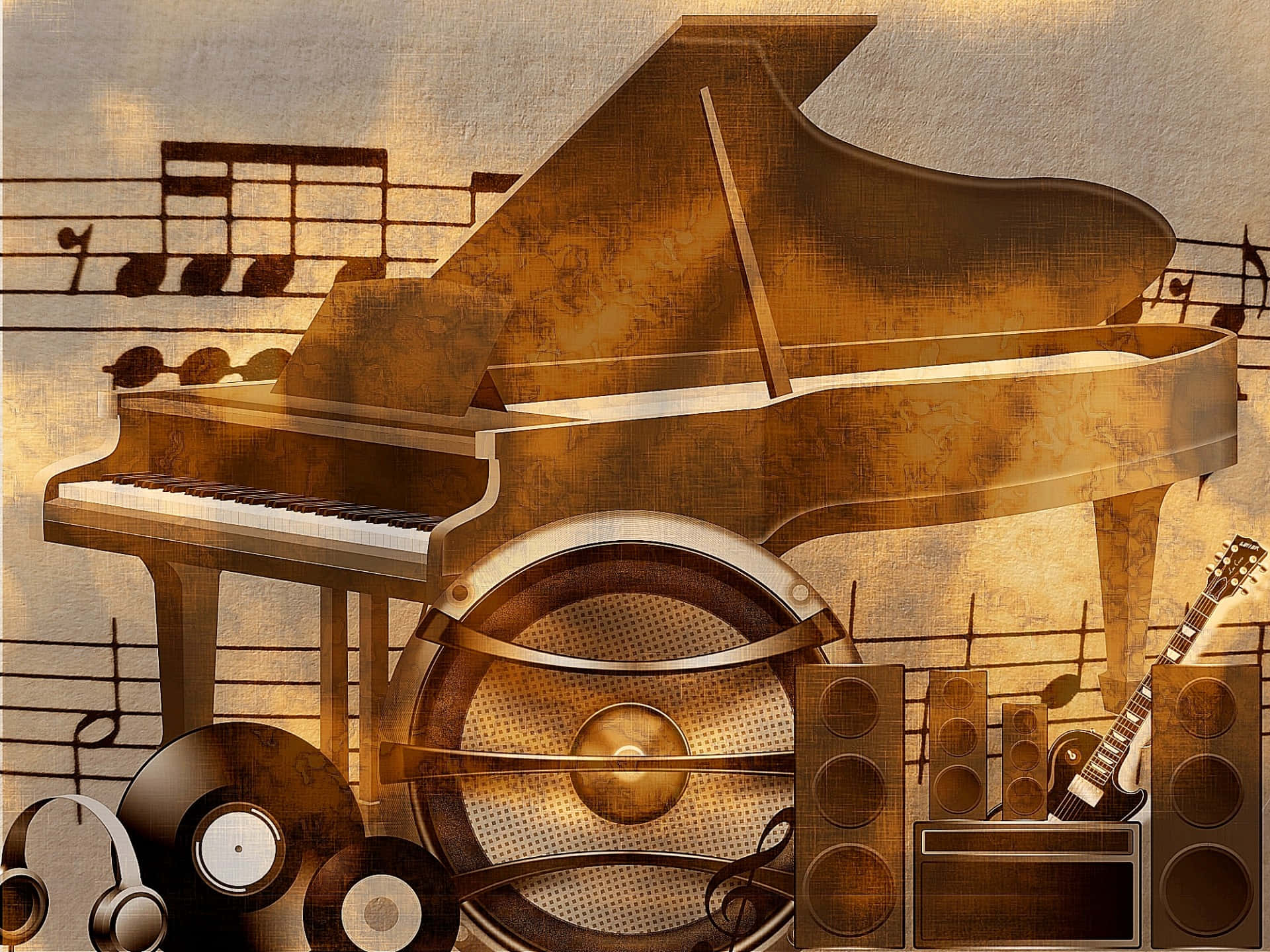 grand piano, musical instruments, sheet music, Full HD Desktop Wallpaper