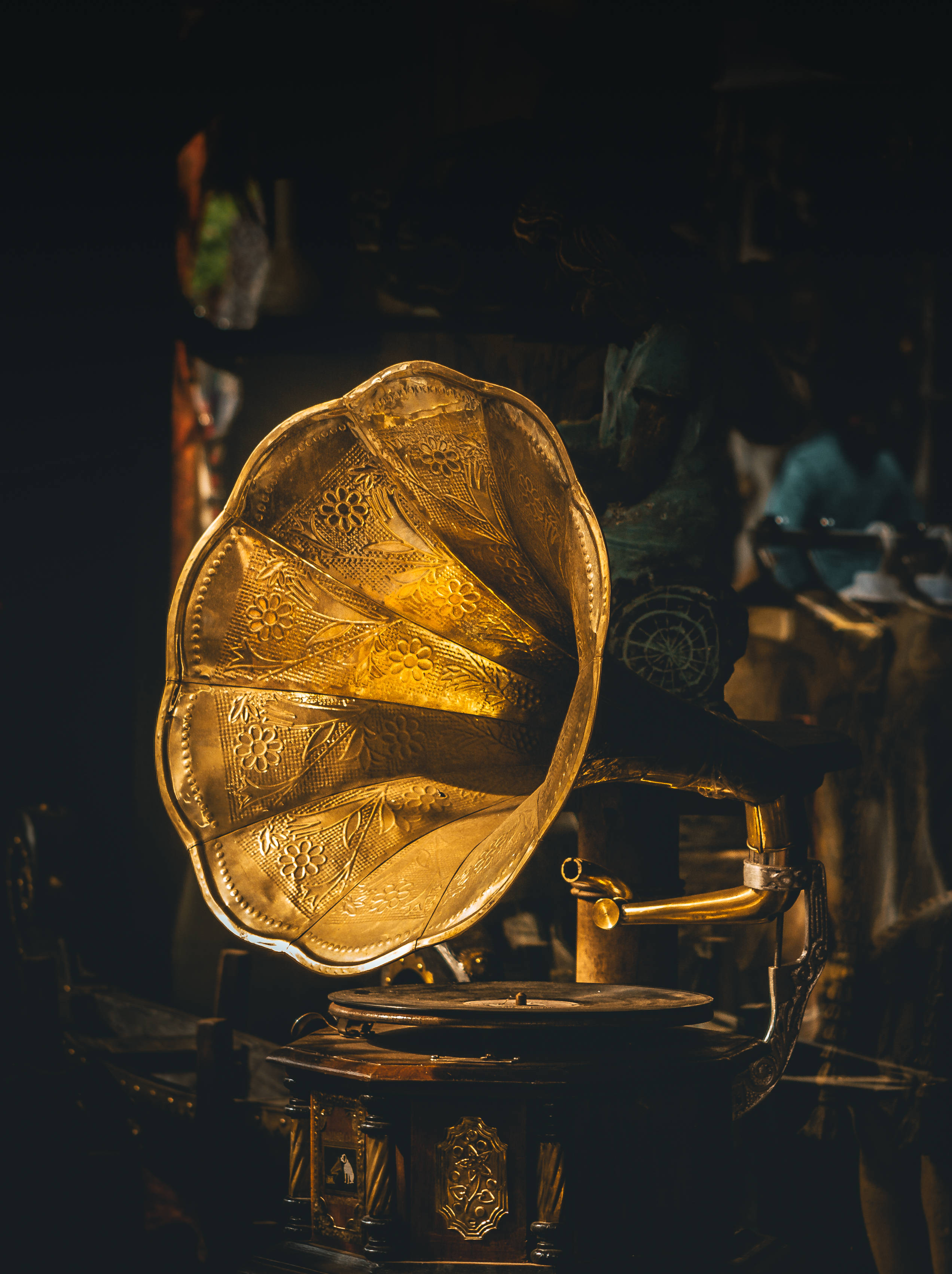 vintage yellow gramophone, golden gramophone, floral engravings, 2K Phone Wallpaper