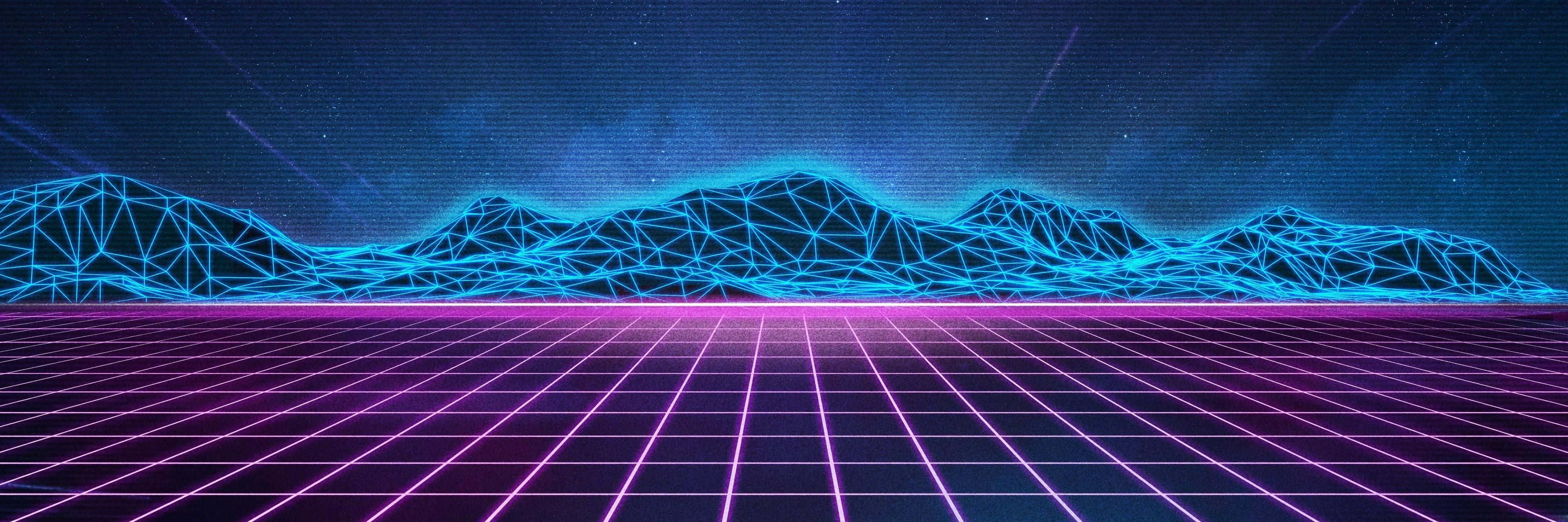 80s vaporwave, neon grid floor, glowing blue wireframe mountains, 2K Desktop Wallpaper