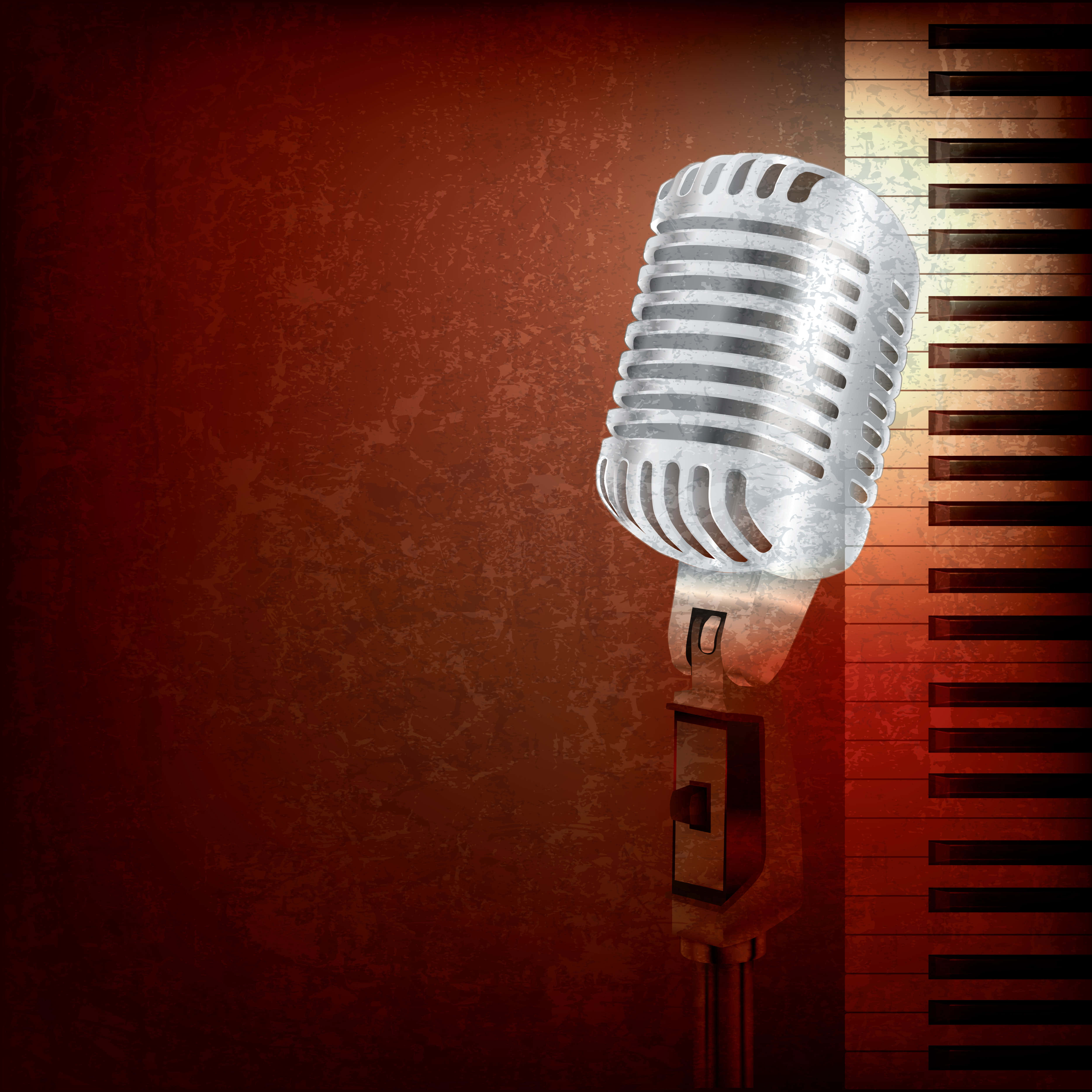 vintage silver microphone, piano keyboard, textured red backdrop, 4K Desktop Wallpaper